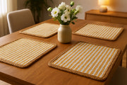 19" Set of Four Cream Yellow And Natural Striped Cotton And Jute Placemats-Dining Linens-DECOROLALA