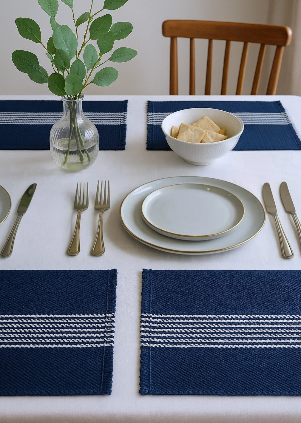 19" Set of Four Navy Blue And White Striped Cotton Placemats-Dining Linens-DECOROLALA