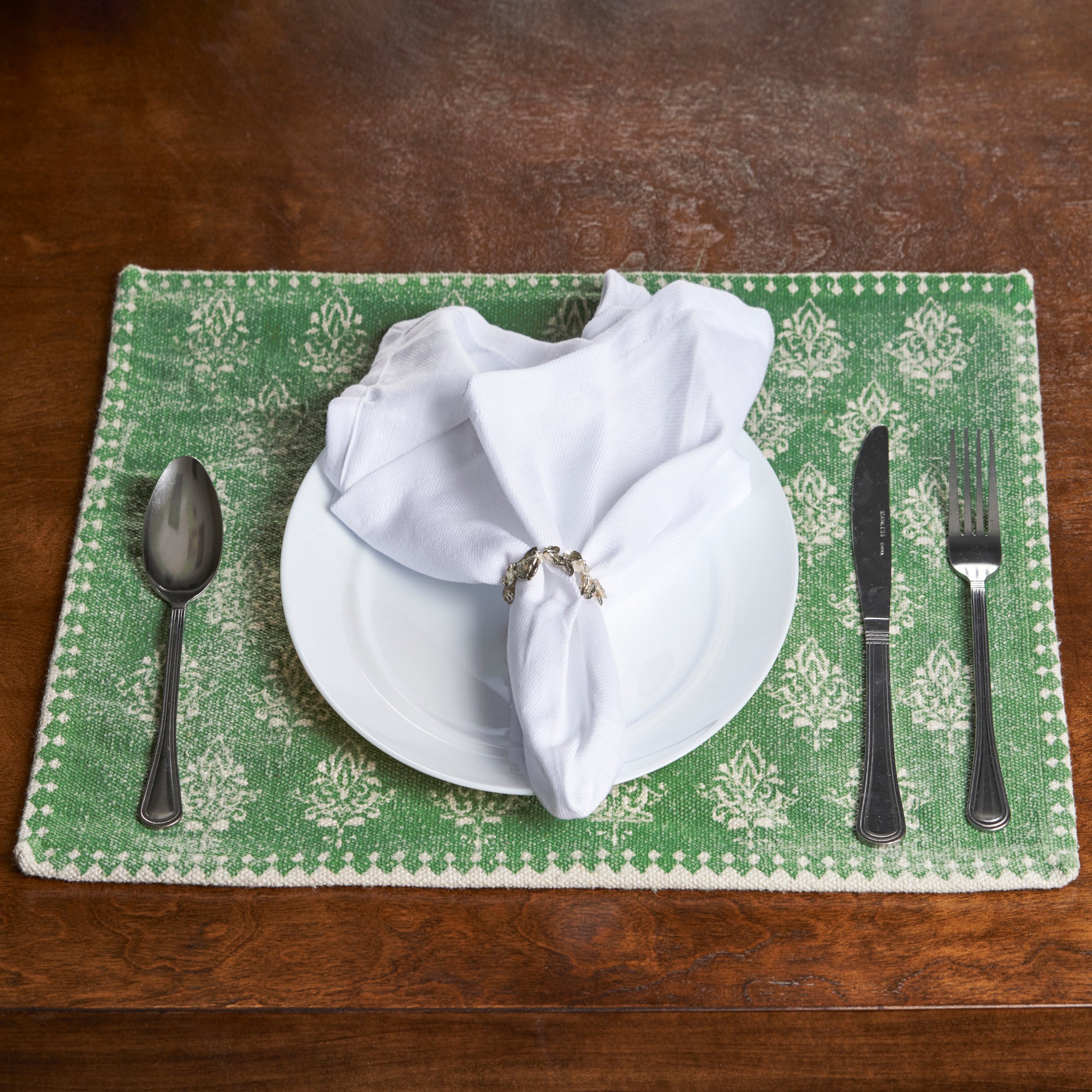 19" Set of Four Green And Cream Geometric Medallion Cotton Placemats-Dining Linens-DECOROLALA