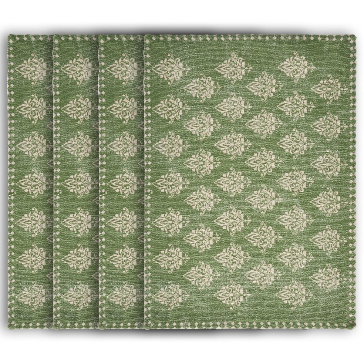 19" Set of Four Green And Cream Geometric Medallion Cotton Placemats-Dining Linens-DECOROLALA