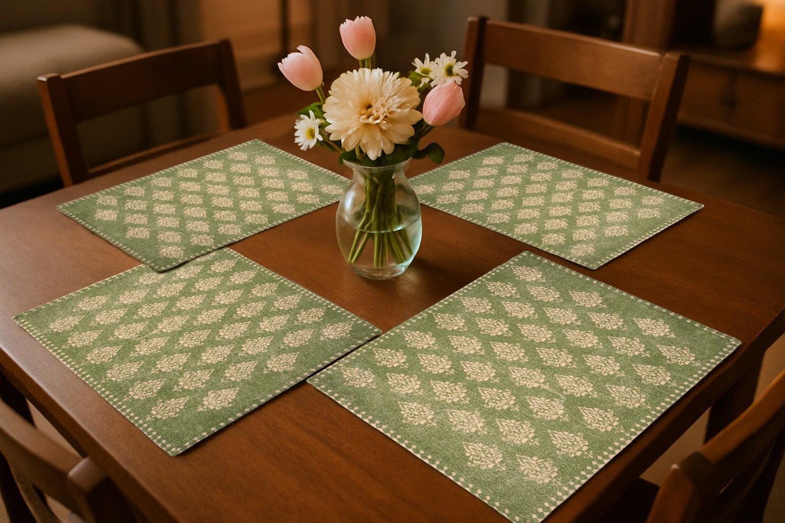 19" Set of Four Green And Cream Geometric Medallion Cotton Placemats-Dining Linens-DECOROLALA