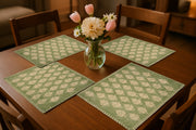 19" Set of Four Green And Cream Geometric Medallion Cotton Placemats-Dining Linens-DECOROLALA