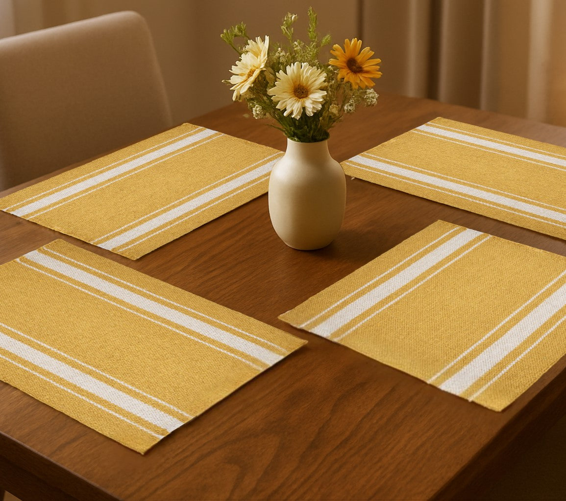 19" Set of Four Yellow And White Striped Cotton Placemats-Dining Linens-DECOROLALA