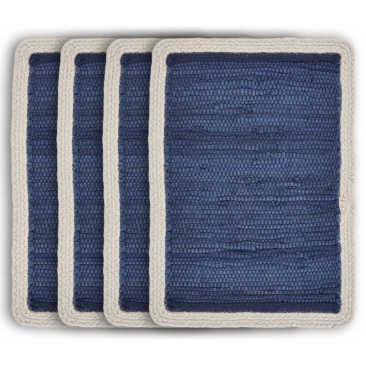 19" Set of Four Navy Blue And Natural Solid With Border Cotton Placemats-Dining Linens-DECOROLALA
