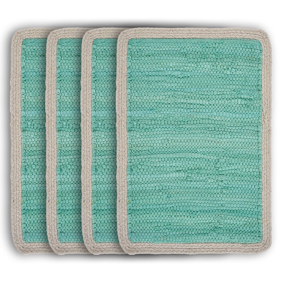 19" Set of Four Turquoise and Natural Solid With Border Cotton Placemats-Dining Linens-DECOROLALA