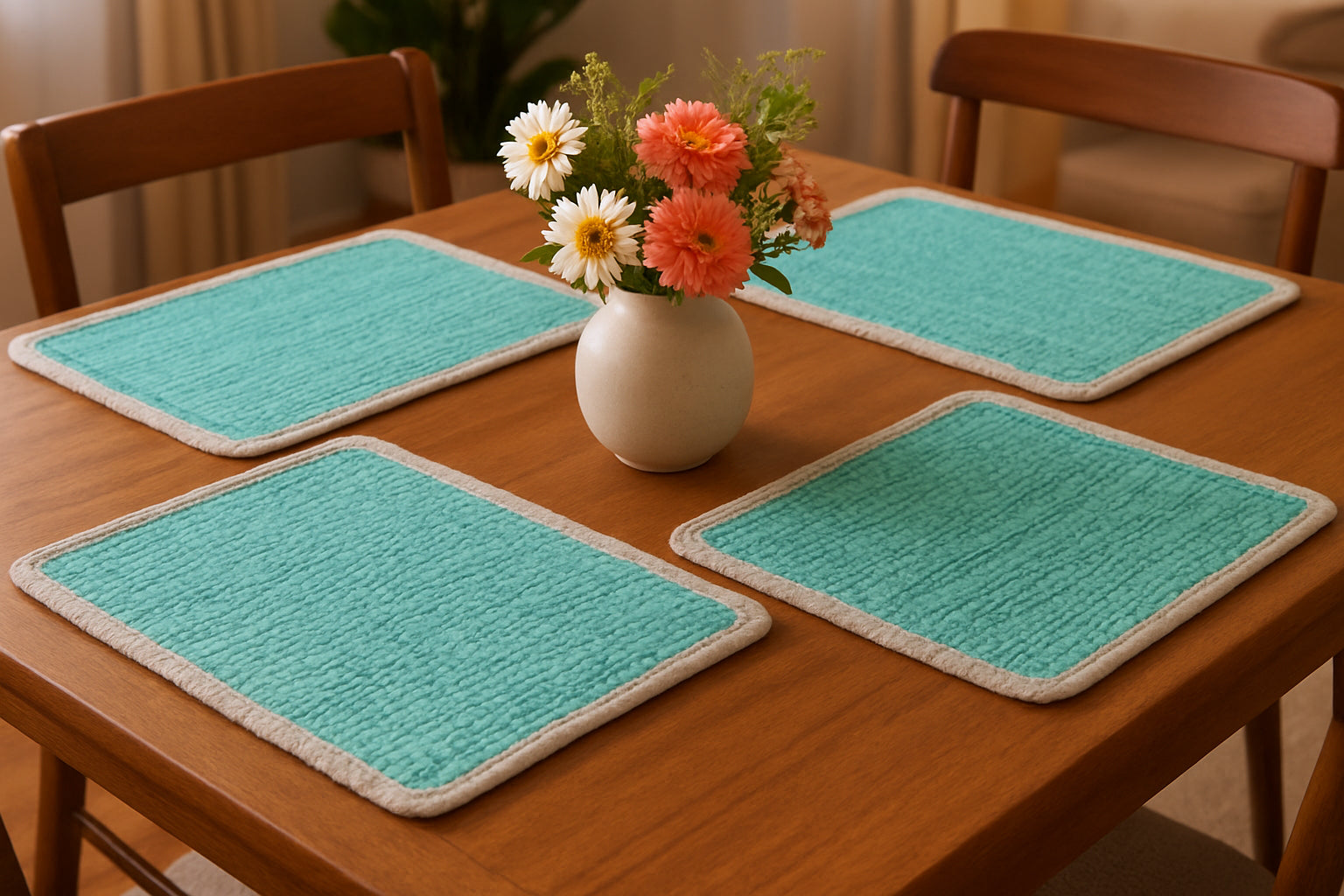 19" Set of Four Turquoise and Natural Solid With Border Cotton Placemats-Dining Linens-DECOROLALA