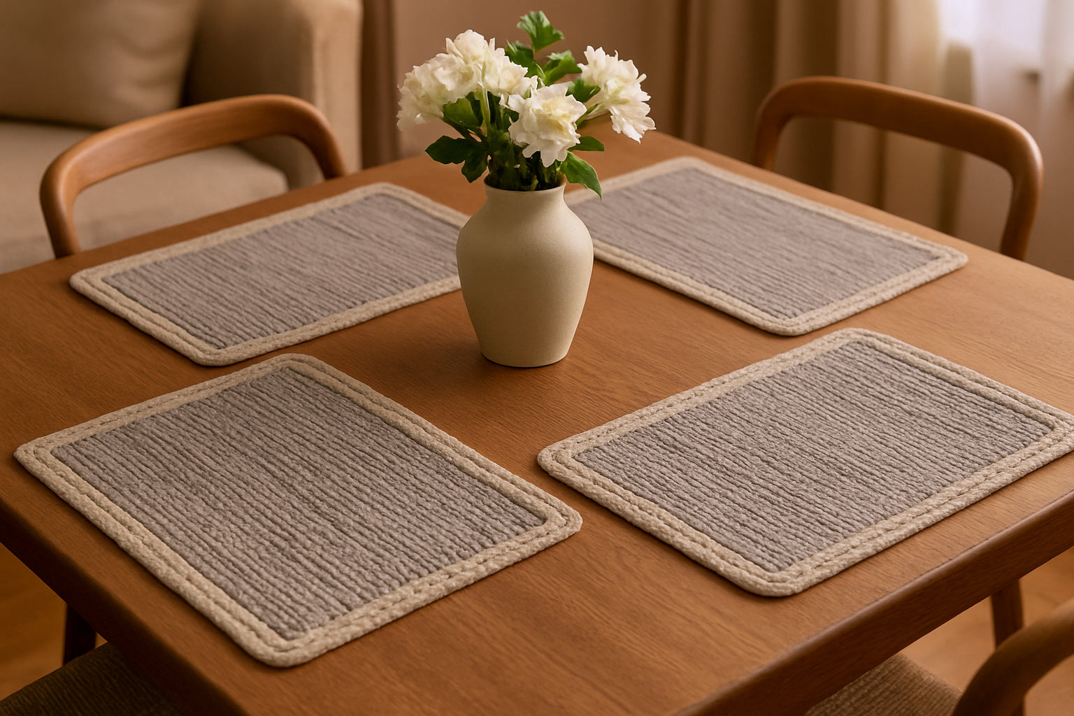 19" Set of Four Gray And Natural Cotton Placemats-Dining Linens-DECOROLALA
