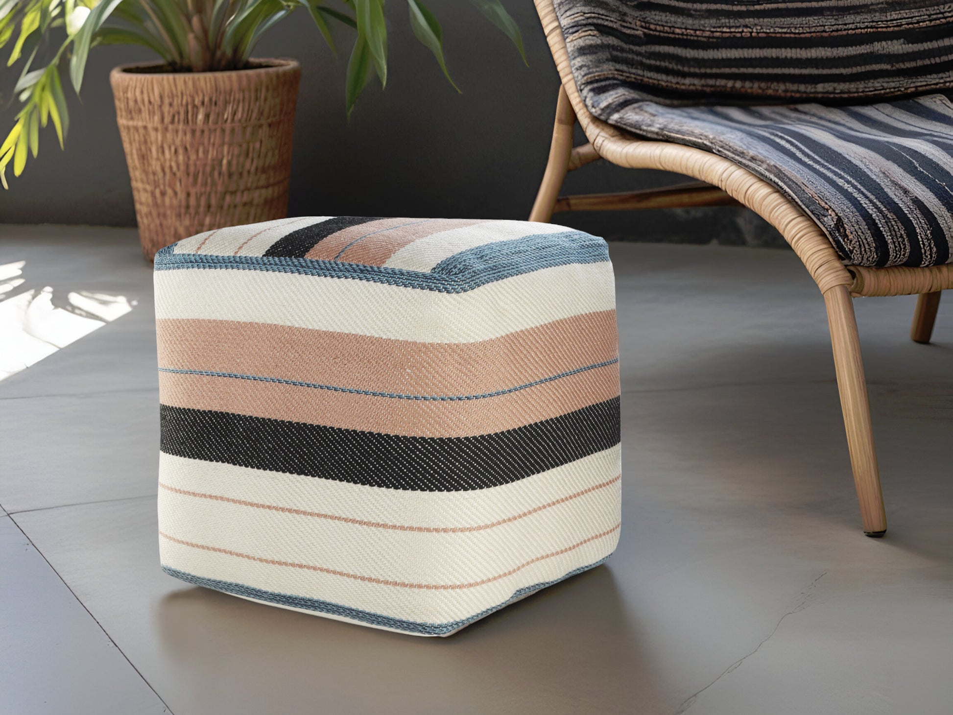 20" White Polyester Striped Indoor Outdoor Pouf Ottoman-0