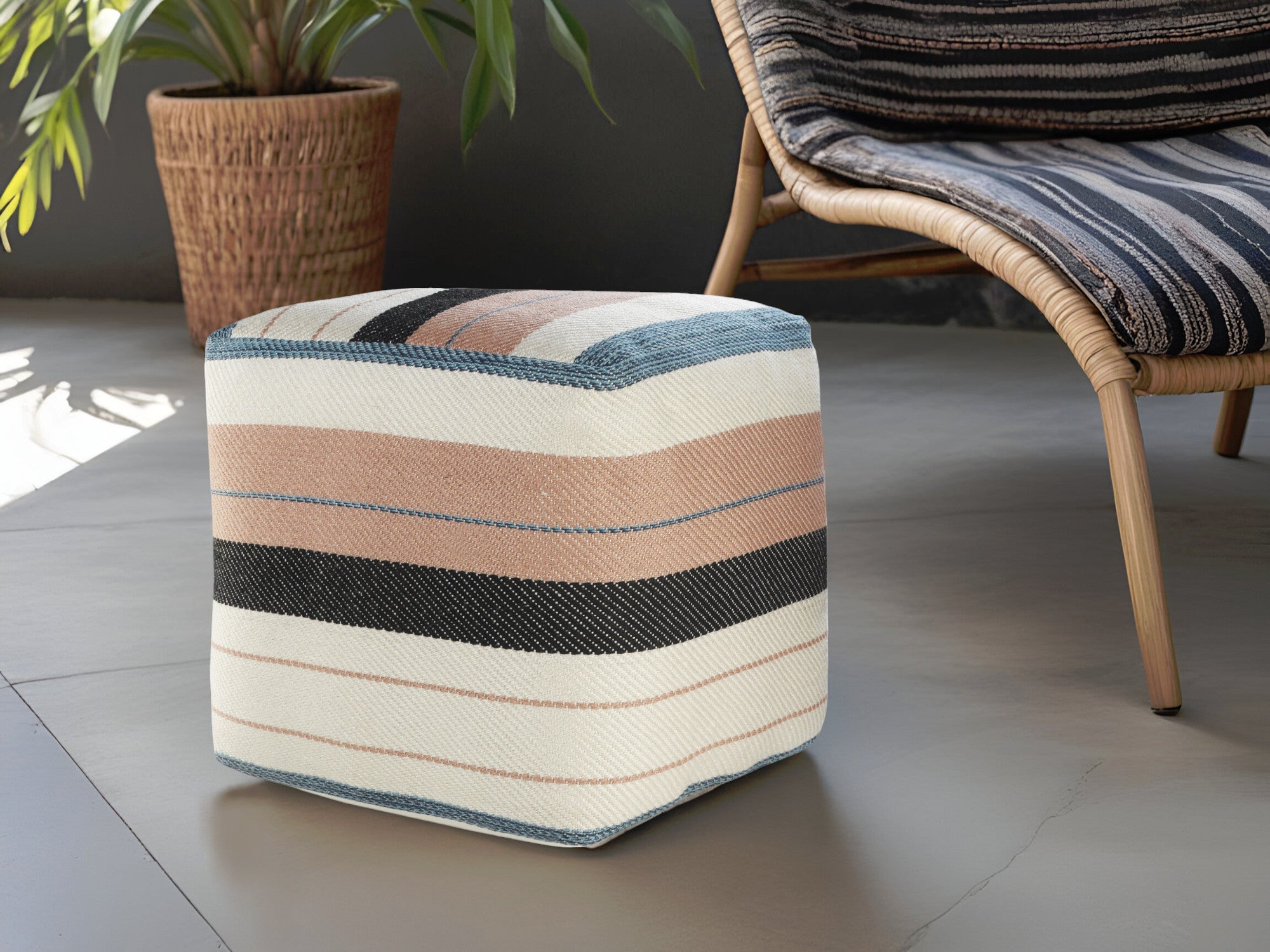 20" White Polyester Striped Indoor Outdoor Pouf Ottoman-0