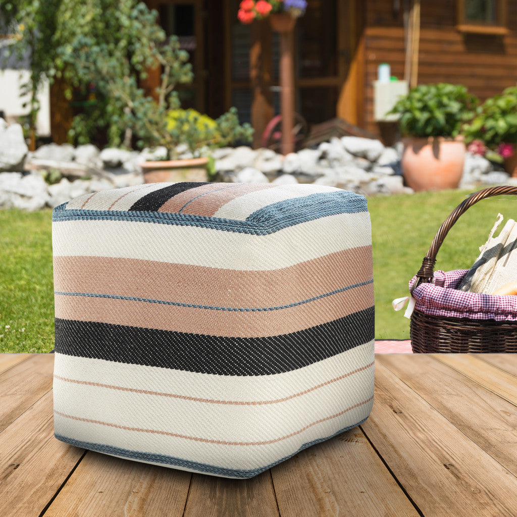 20" White Polyester Striped Indoor Outdoor Pouf Ottoman-6