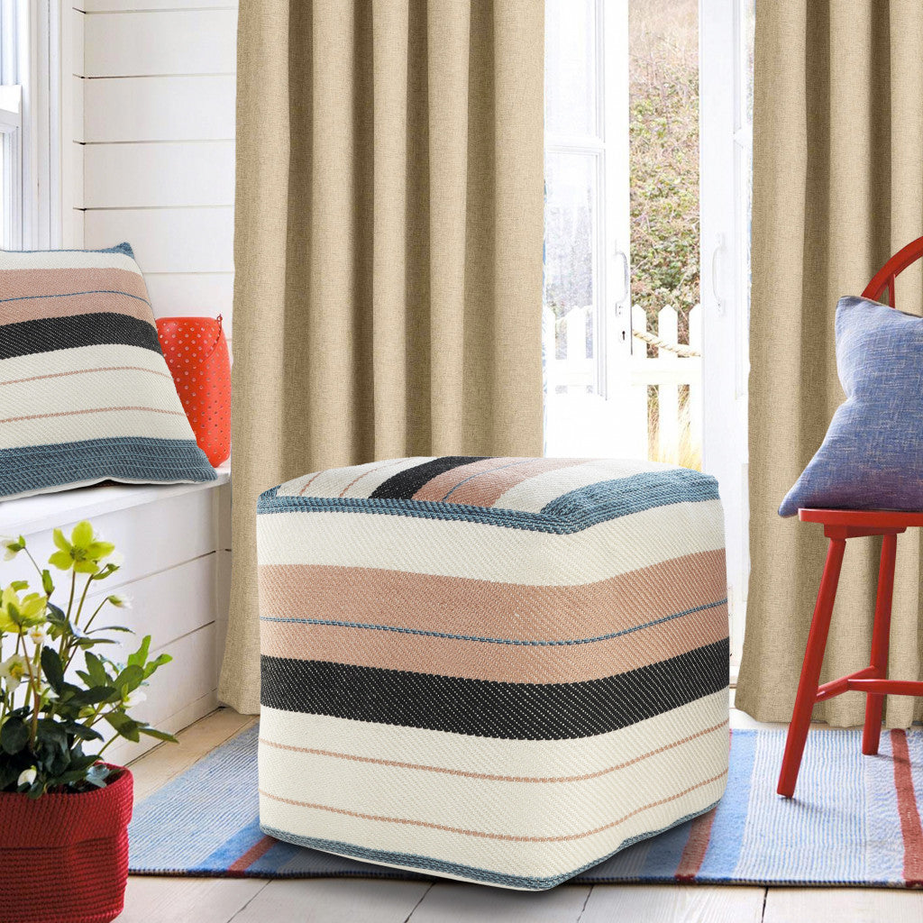 20" White Polyester Striped Indoor Outdoor Pouf Ottoman-8