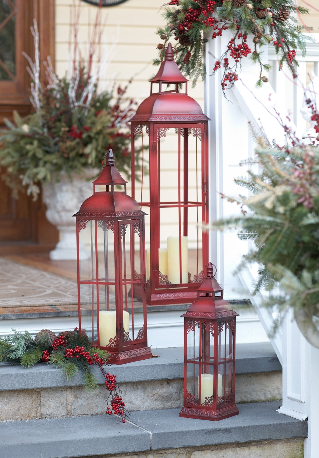 Set of Three Red Distressed Ornate Glass And Metal Floor Lantern Candle Holders-Candle Holders-DECOROLALA