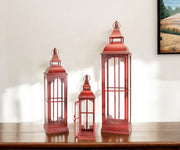 Set of Three Red Distressed Ornate Glass And Metal Floor Lantern Candle Holders-Candle Holders-DECOROLALA