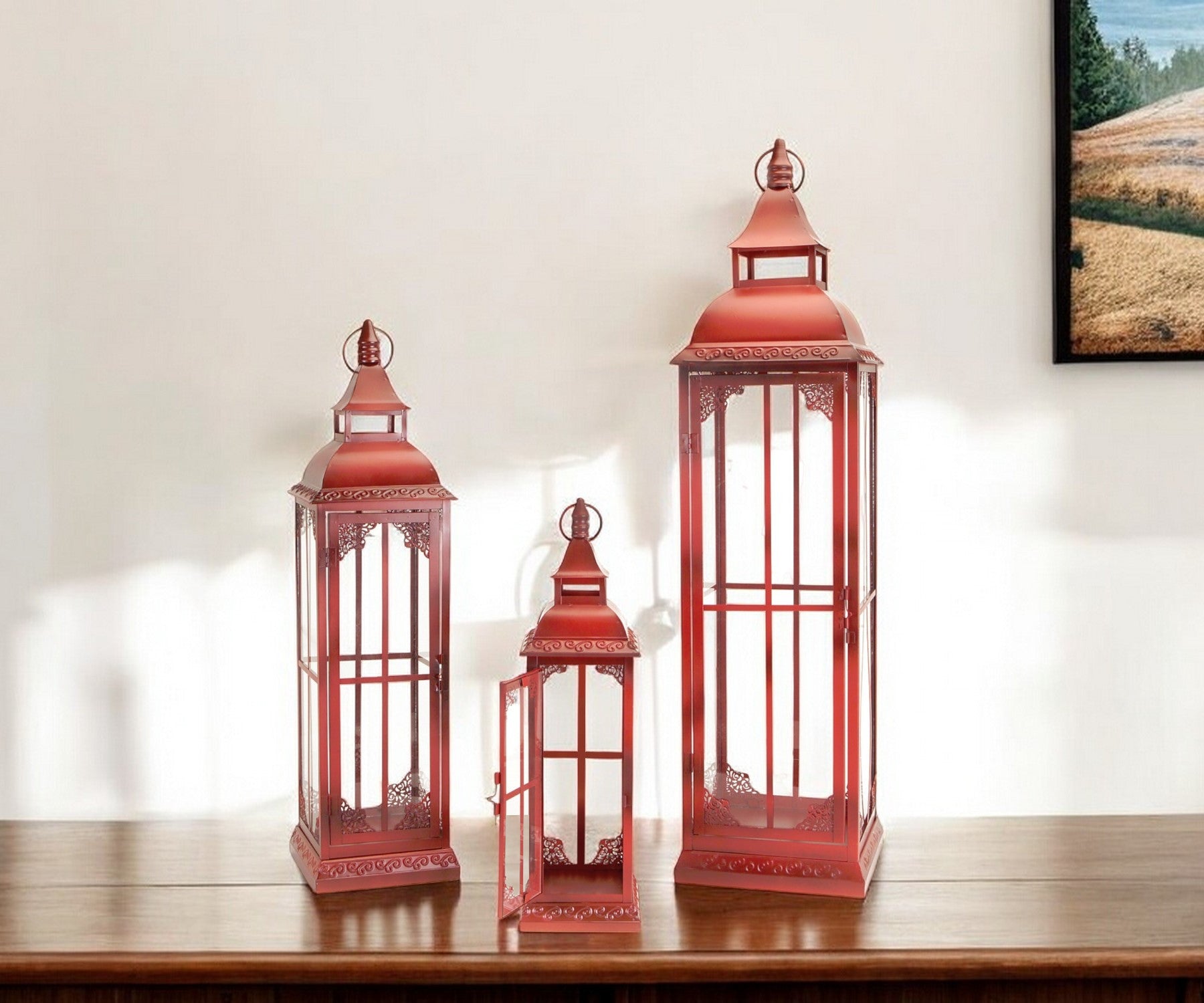 Set of Three Red Distressed Ornate Glass And Metal Floor Lantern Candle Holders-Candle Holders-DECOROLALA