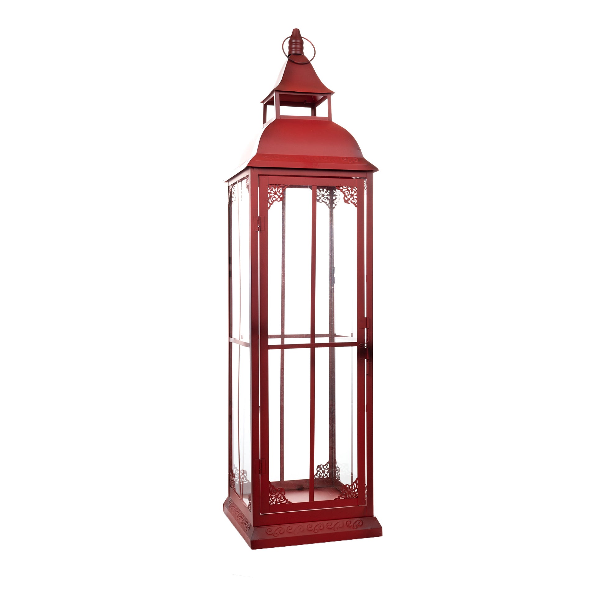 Set of Three Red Distressed Ornate Glass And Metal Floor Lantern Candle Holders-Candle Holders-DECOROLALA