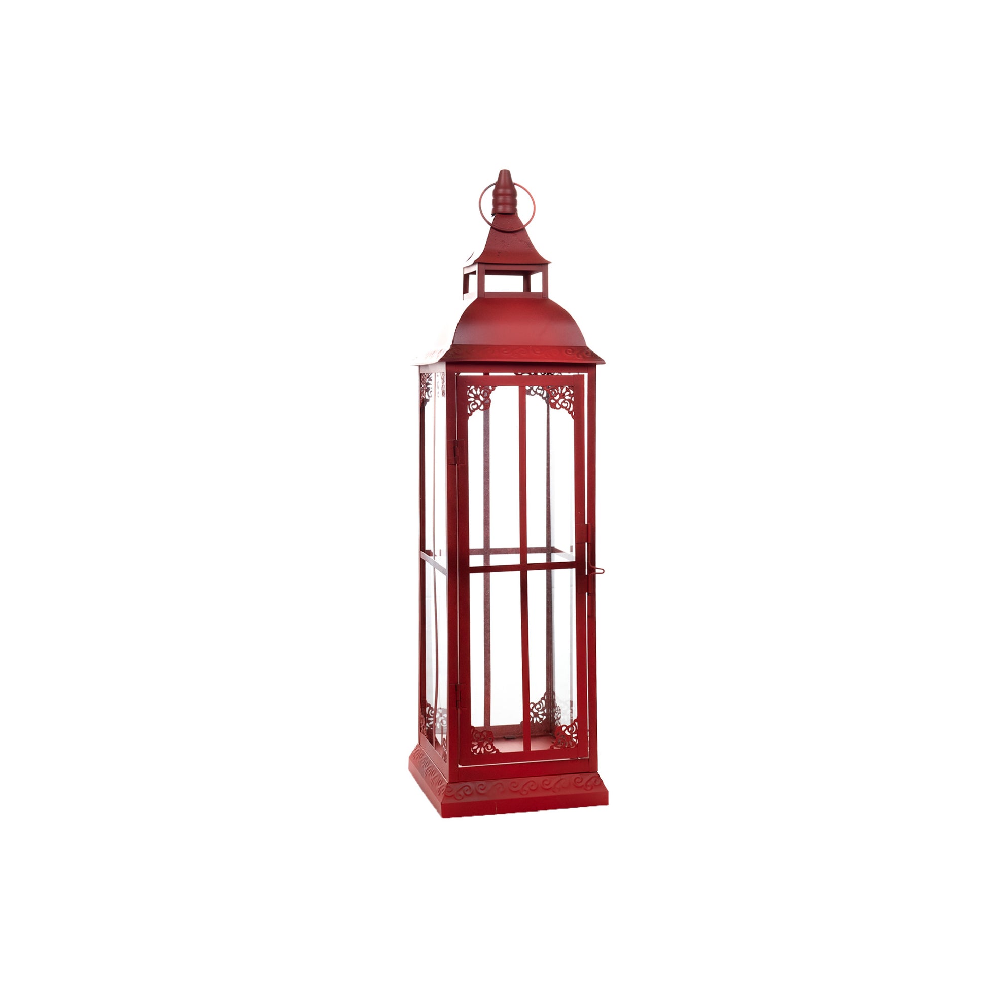 Set of Three Red Distressed Ornate Glass And Metal Floor Lantern Candle Holders-Candle Holders-DECOROLALA