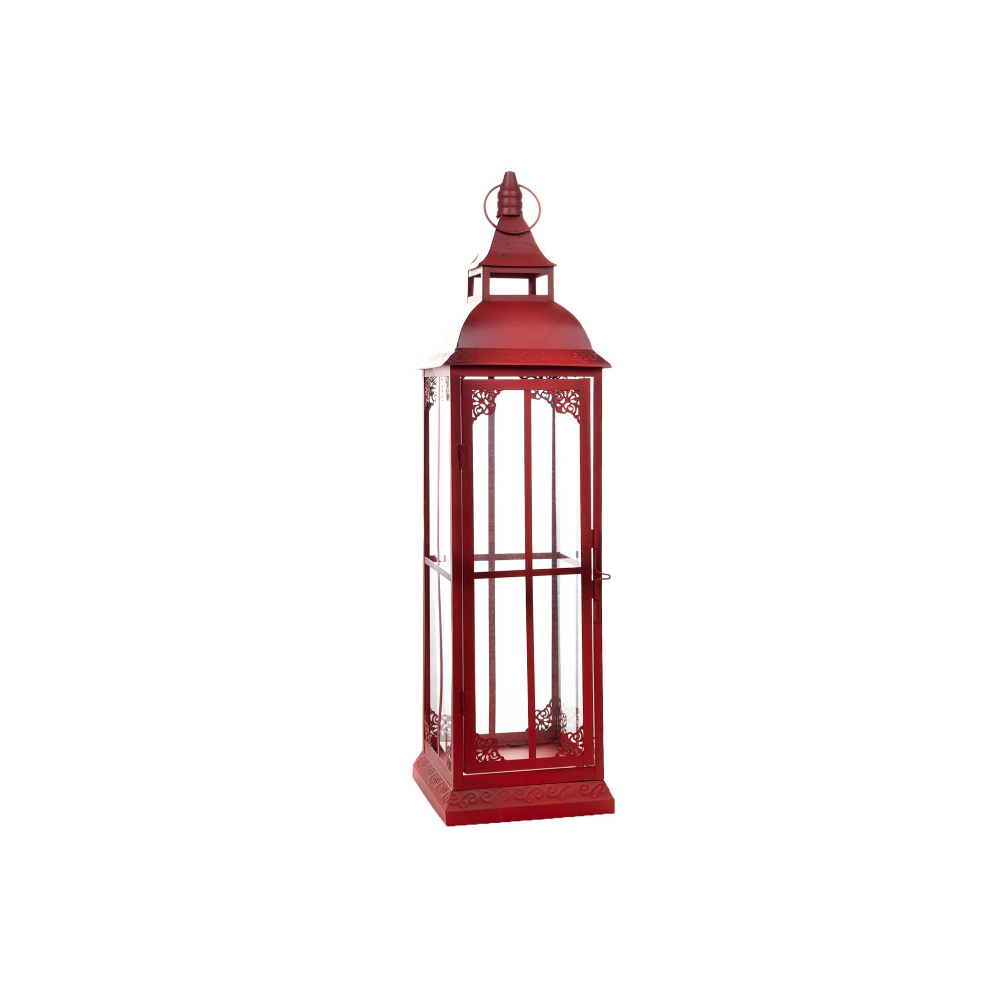 Set of Three Red Distressed Ornate Glass And Metal Floor Lantern Candle Holders-Candle Holders-DECOROLALA