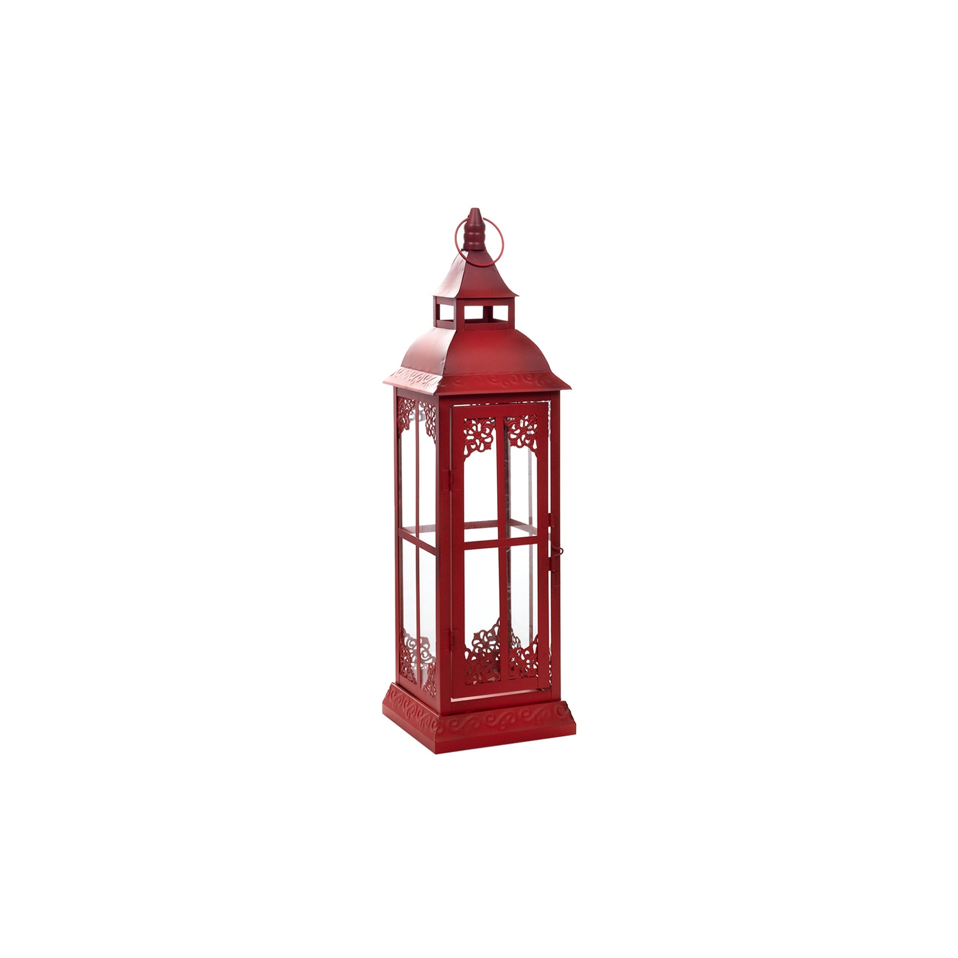 Set of Three Red Distressed Ornate Glass And Metal Floor Lantern Candle Holders-Candle Holders-DECOROLALA