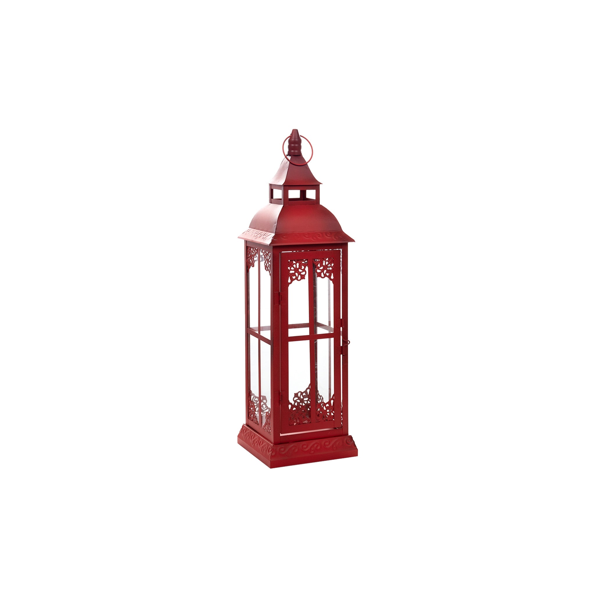 Set of Three Red Distressed Ornate Glass And Metal Floor Lantern Candle Holders-Candle Holders-DECOROLALA