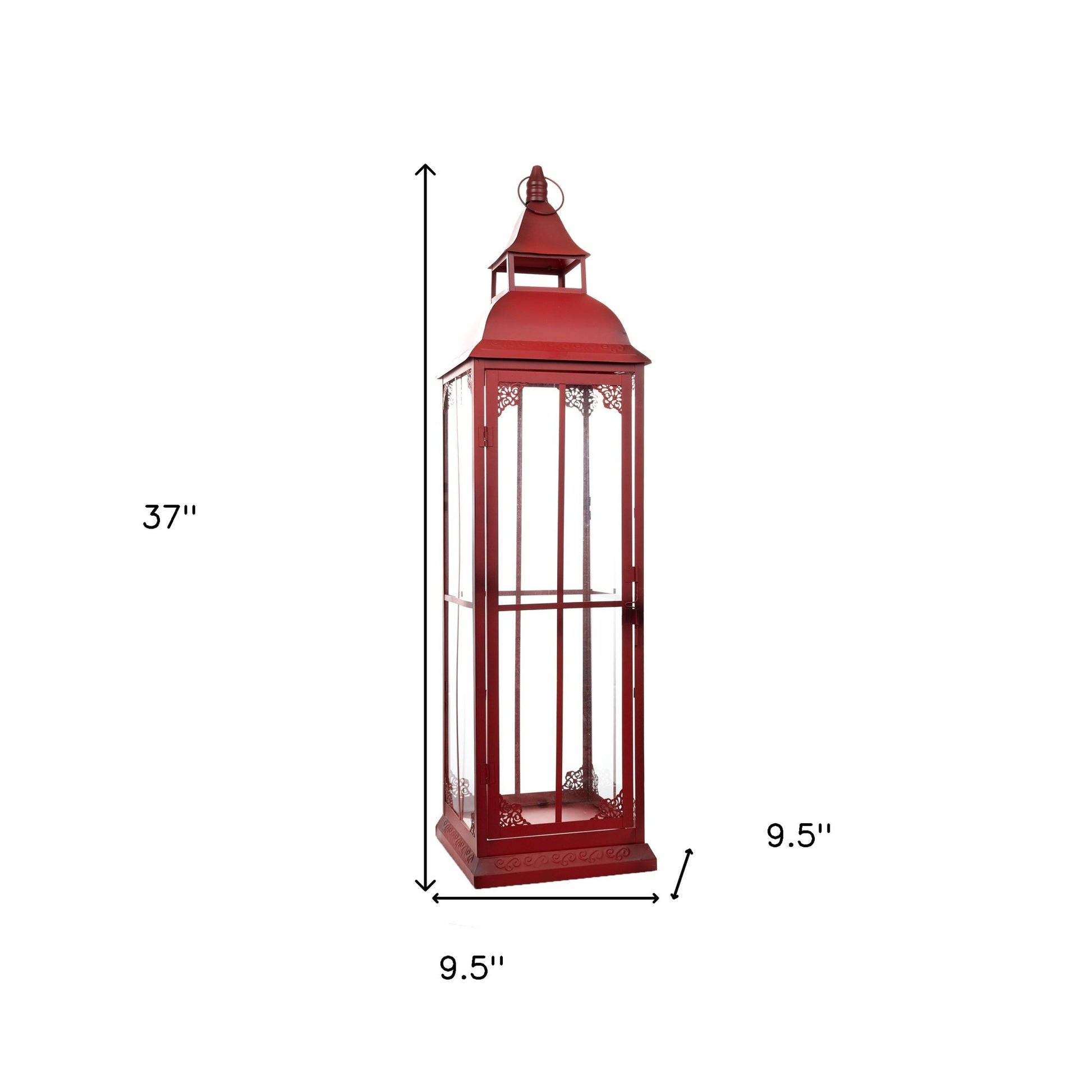Set of Three Red Distressed Ornate Glass And Metal Floor Lantern Candle Holders-Candle Holders-DECOROLALA