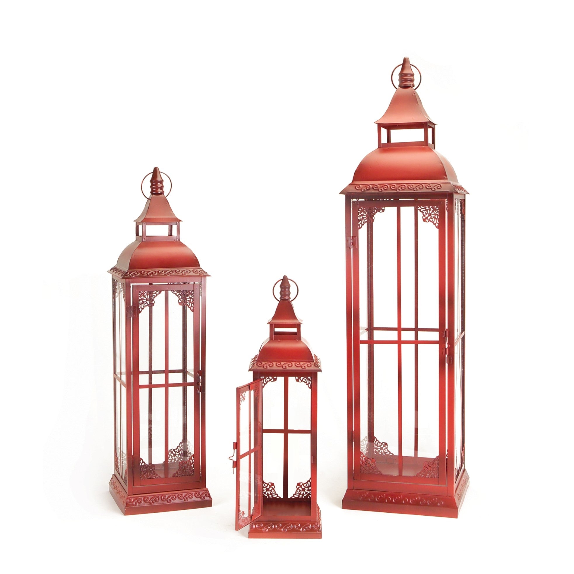Set of Three Red Distressed Ornate Glass And Metal Floor Lantern Candle Holders-Candle Holders-DECOROLALA