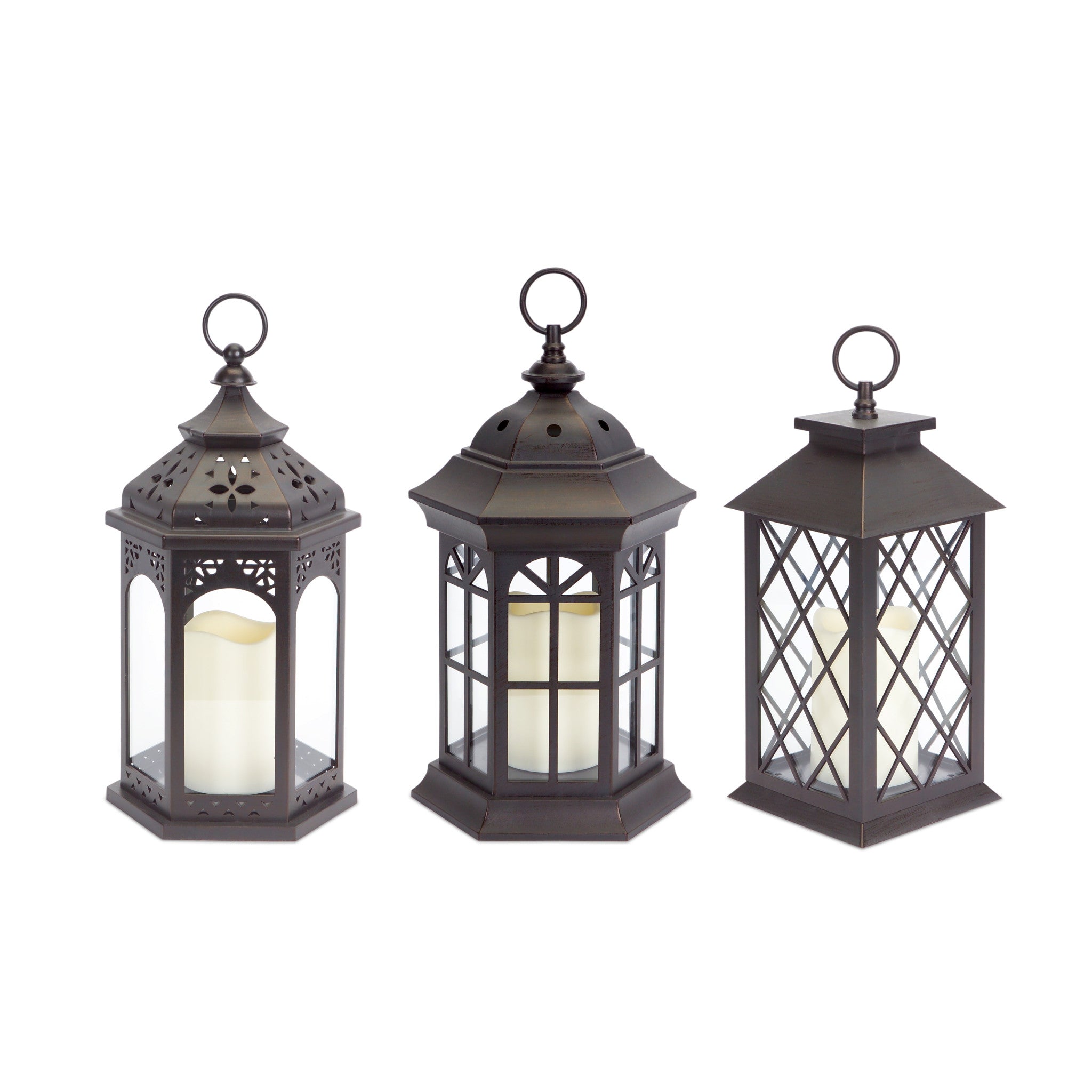 Set of Three Dark Brown Distressed Ornate Glass And Plastic Floor Lantern Candle Holders With Candle-Candle Holders-DECOROLALA