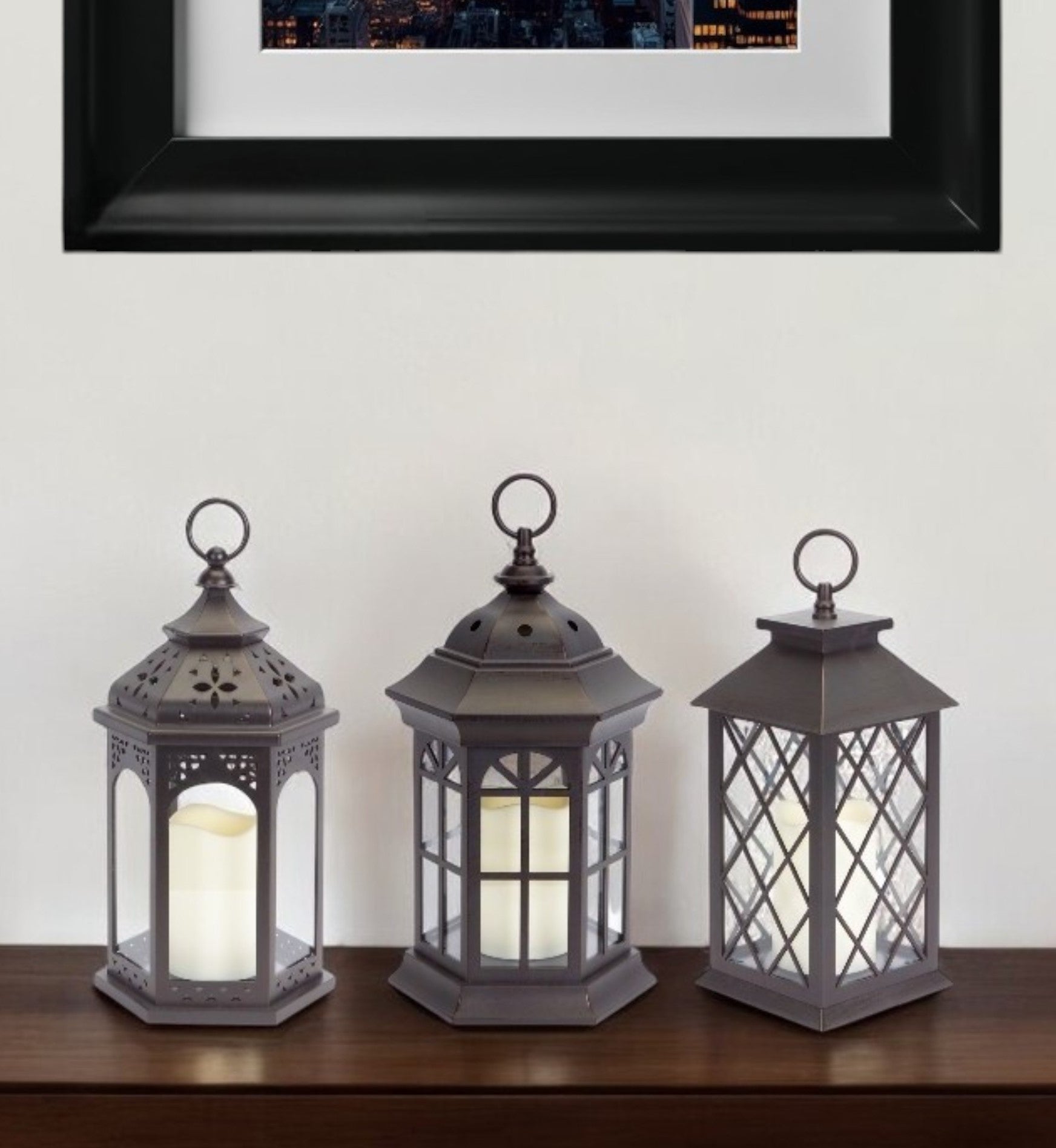 Set of Three Dark Brown Distressed Ornate Glass And Plastic Floor Lantern Candle Holders With Candle-Candle Holders-DECOROLALA