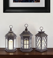 Set of Three Dark Brown Distressed Ornate Glass And Plastic Floor Lantern Candle Holders With Candle-Candle Holders-DECOROLALA
