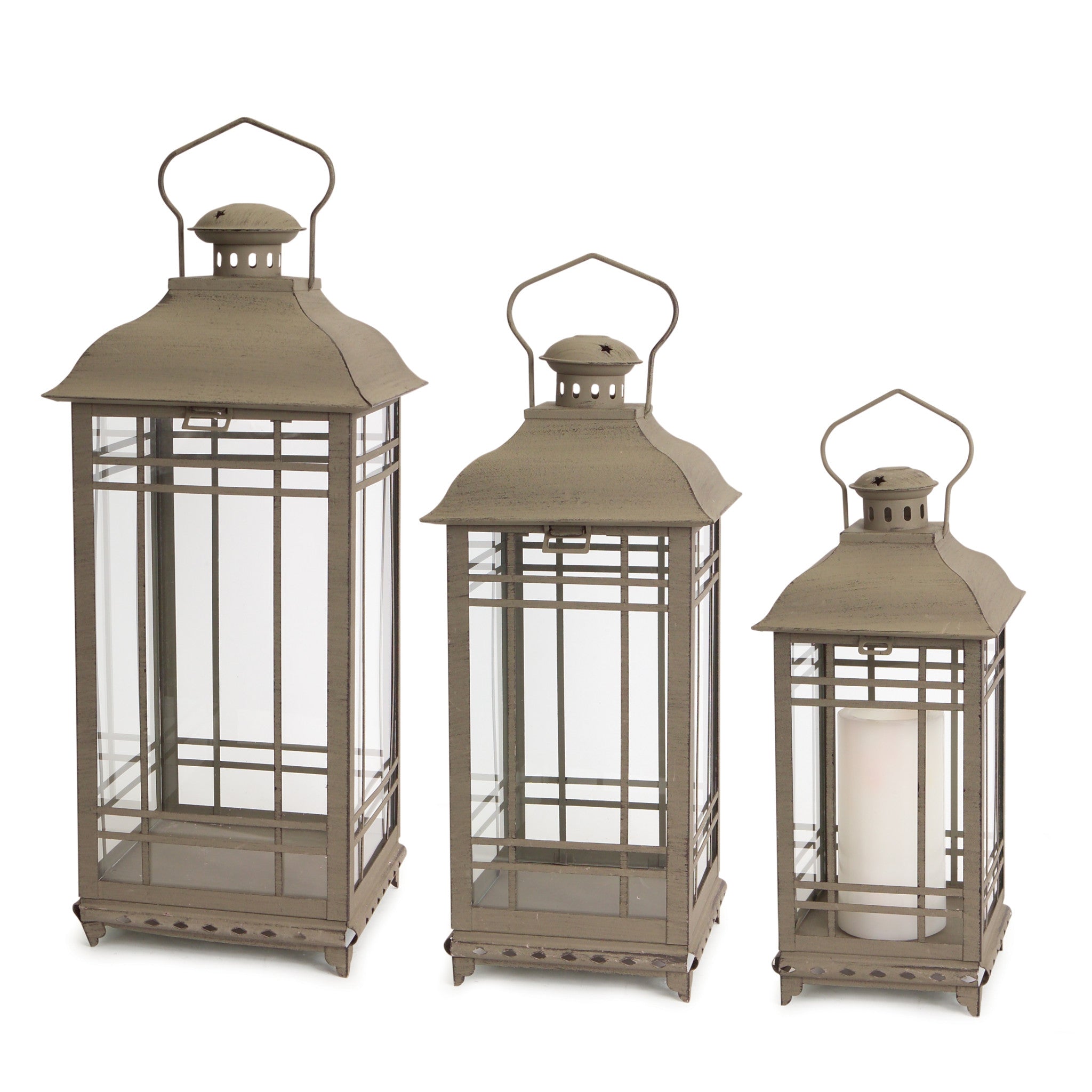Set of Three Brown Distressed Geometric Glass And Metal Floor Lantern Candle Holders-Candle Holders-DECOROLALA