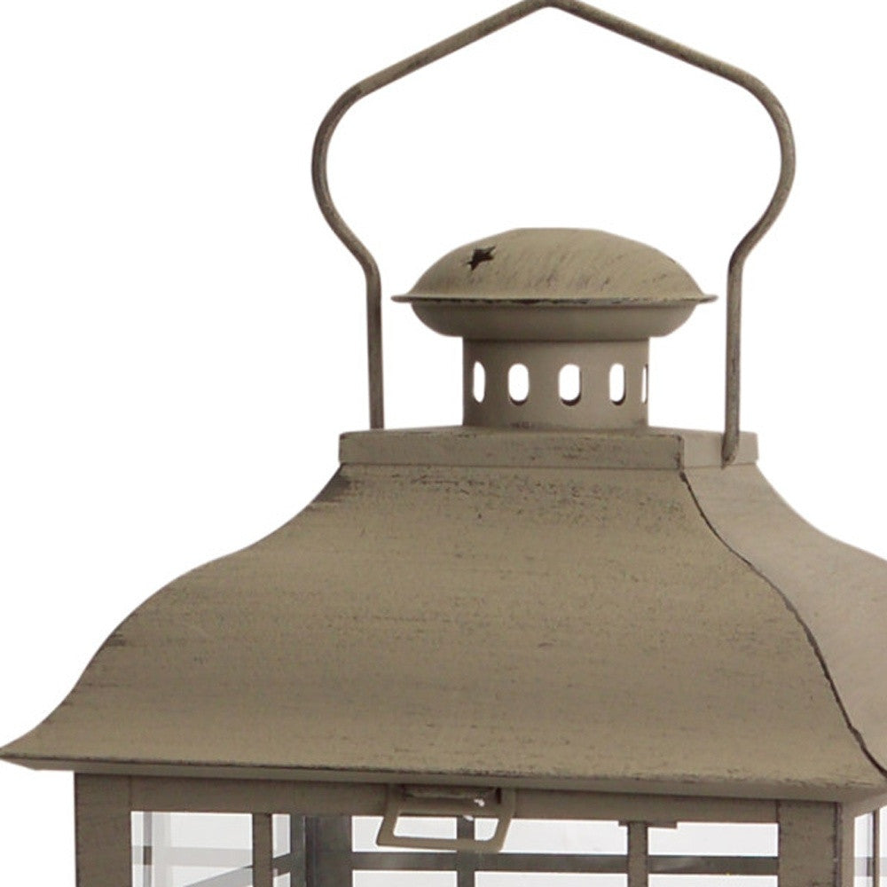 Set of Three Brown Distressed Geometric Glass And Metal Floor Lantern Candle Holders-Candle Holders-DECOROLALA