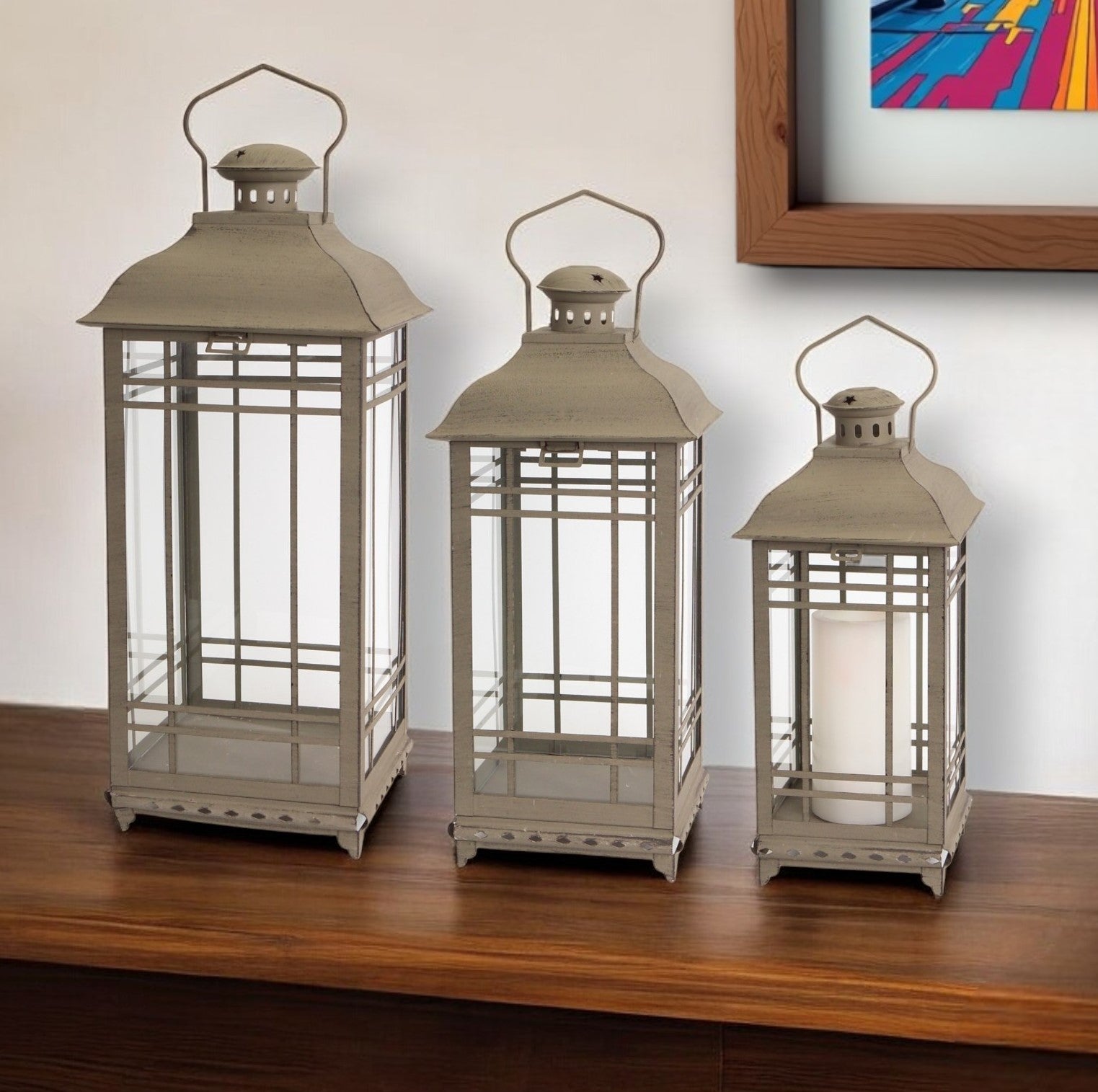 Set of Three Brown Distressed Geometric Glass And Metal Floor Lantern Candle Holders-Candle Holders-DECOROLALA