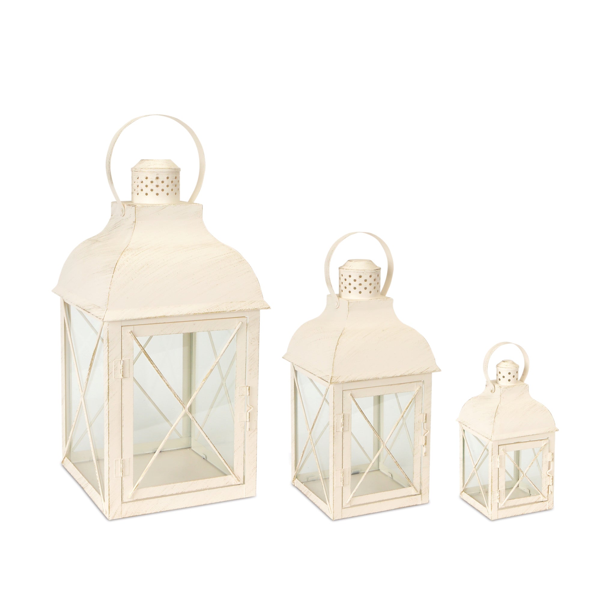 Set of Three Ivory Distressed Geometric Glass And Metal Floor Lantern Candle Holders-Candle Holders-DECOROLALA