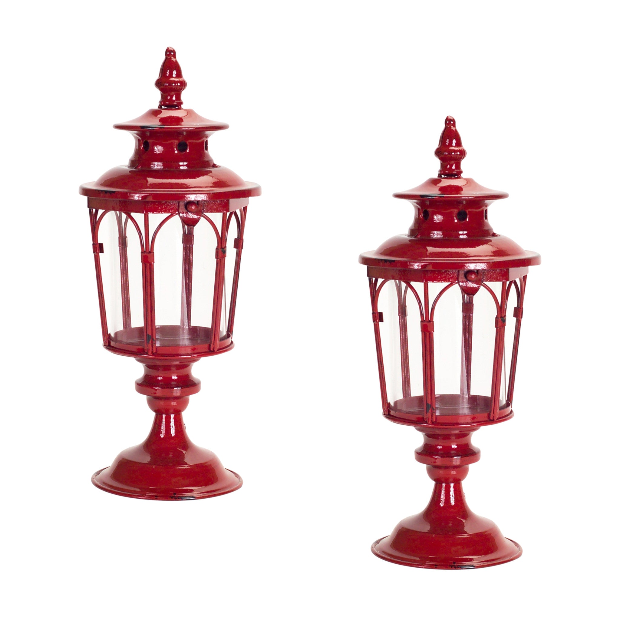 Set of Two Red Distressed Ornate Glass And Metal Tabletop Lantern Candle Holders-Candle Holders-DECOROLALA