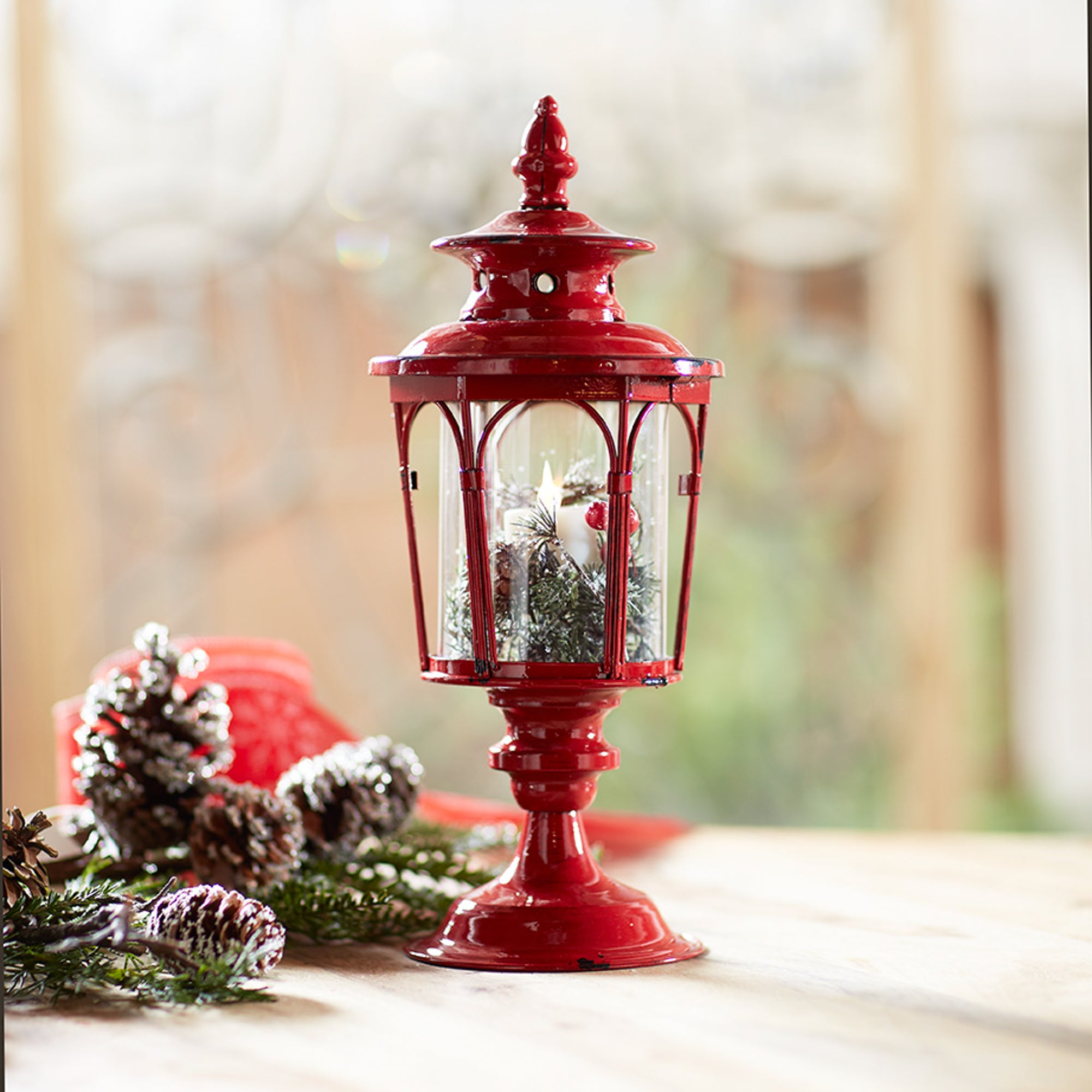 Set of Two Red Distressed Ornate Glass And Metal Tabletop Lantern Candle Holders-Candle Holders-DECOROLALA