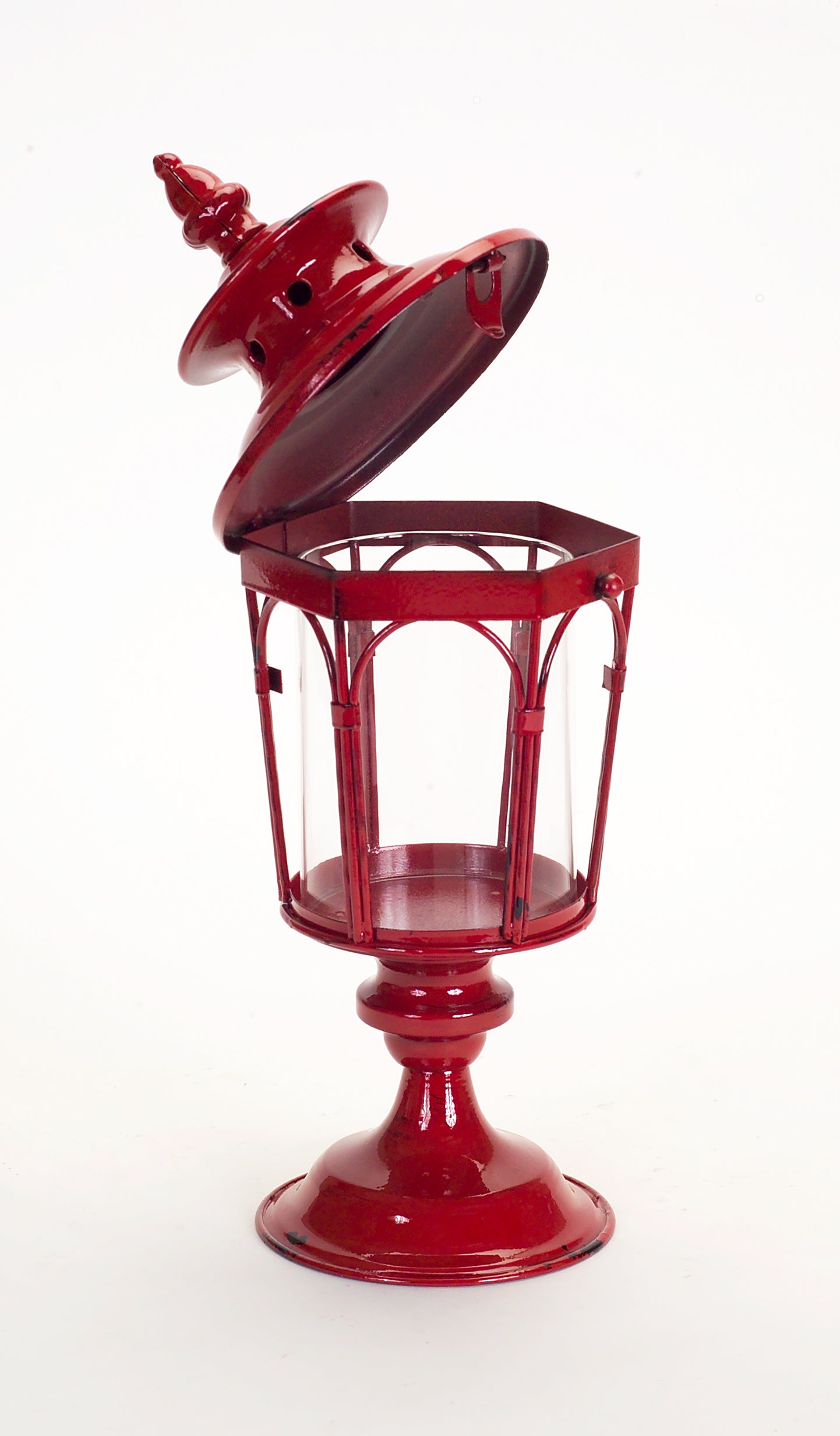 Set of Two Red Distressed Ornate Glass And Metal Tabletop Lantern Candle Holders-Candle Holders-DECOROLALA