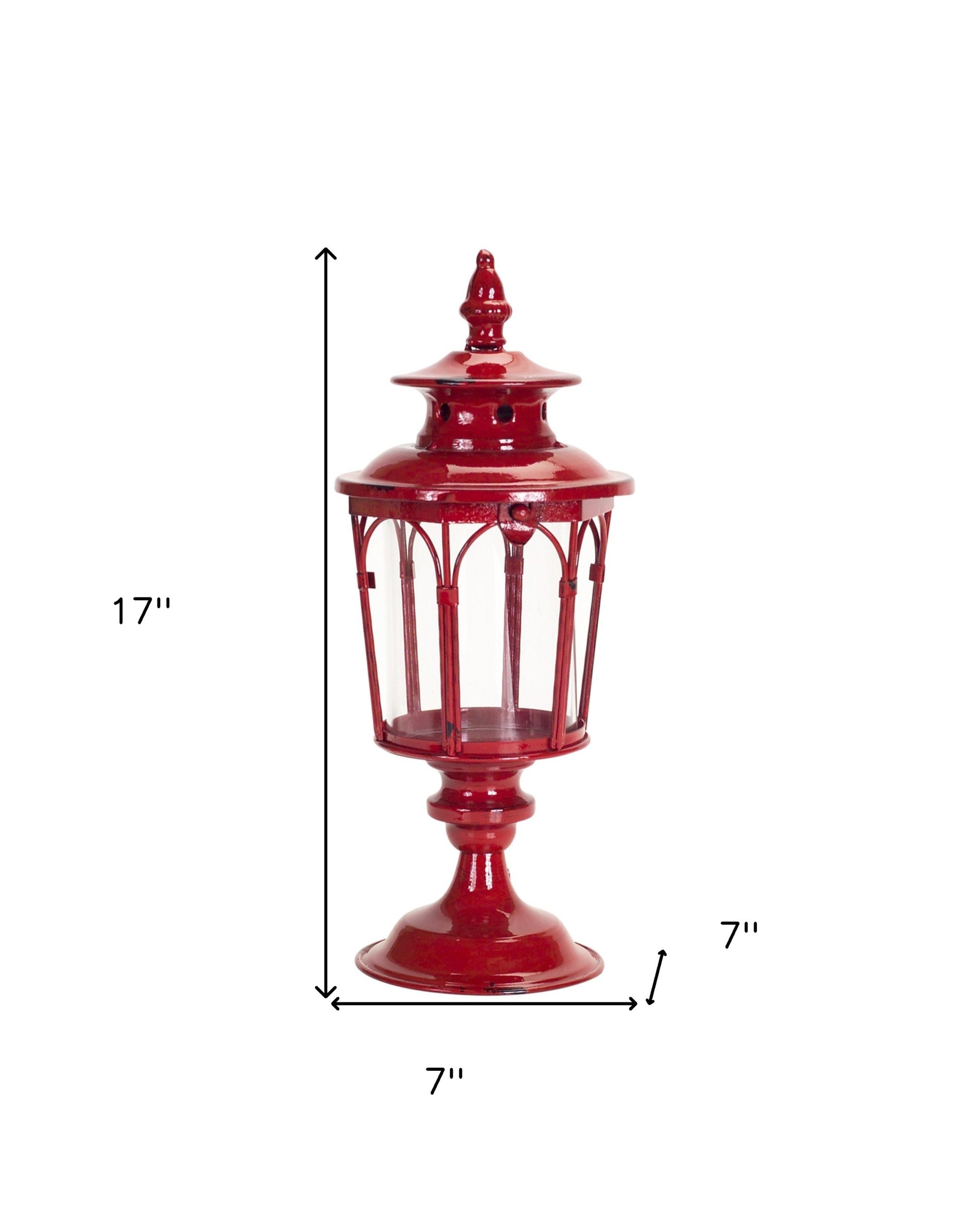 Set of Two Red Distressed Ornate Glass And Metal Tabletop Lantern Candle Holders-Candle Holders-DECOROLALA