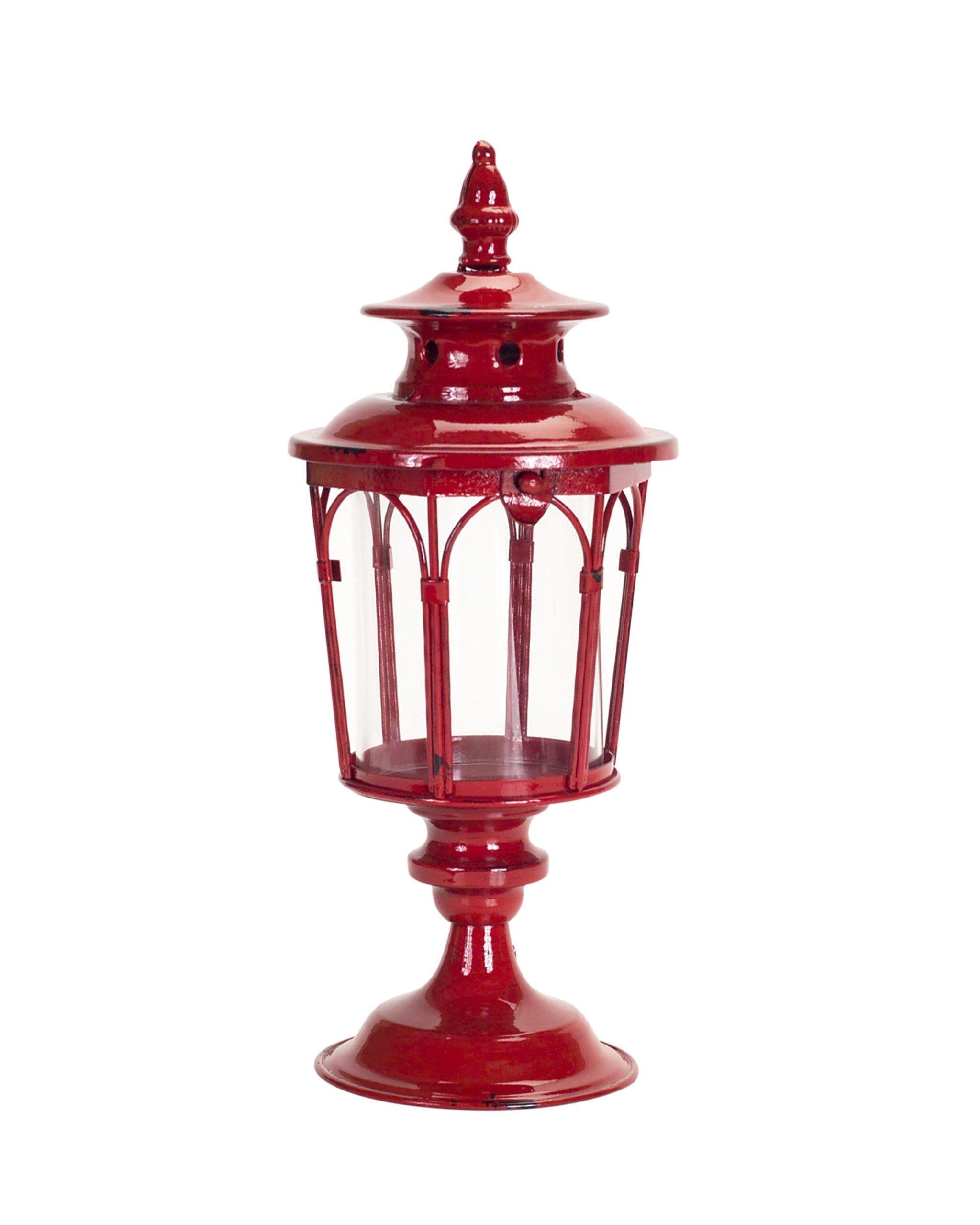 Set of Two Red Distressed Ornate Glass And Metal Tabletop Lantern Candle Holders-Candle Holders-DECOROLALA