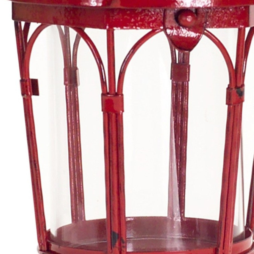 Set of Two Red Distressed Ornate Glass And Metal Tabletop Lantern Candle Holders-Candle Holders-DECOROLALA