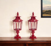 Set of Two Red Distressed Ornate Glass And Metal Tabletop Lantern Candle Holders-Candle Holders-DECOROLALA