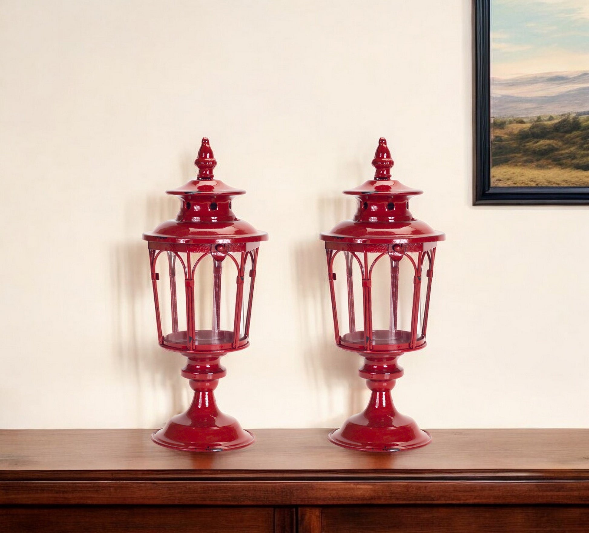 Set of Two Red Distressed Ornate Glass And Metal Tabletop Lantern Candle Holders-Candle Holders-DECOROLALA