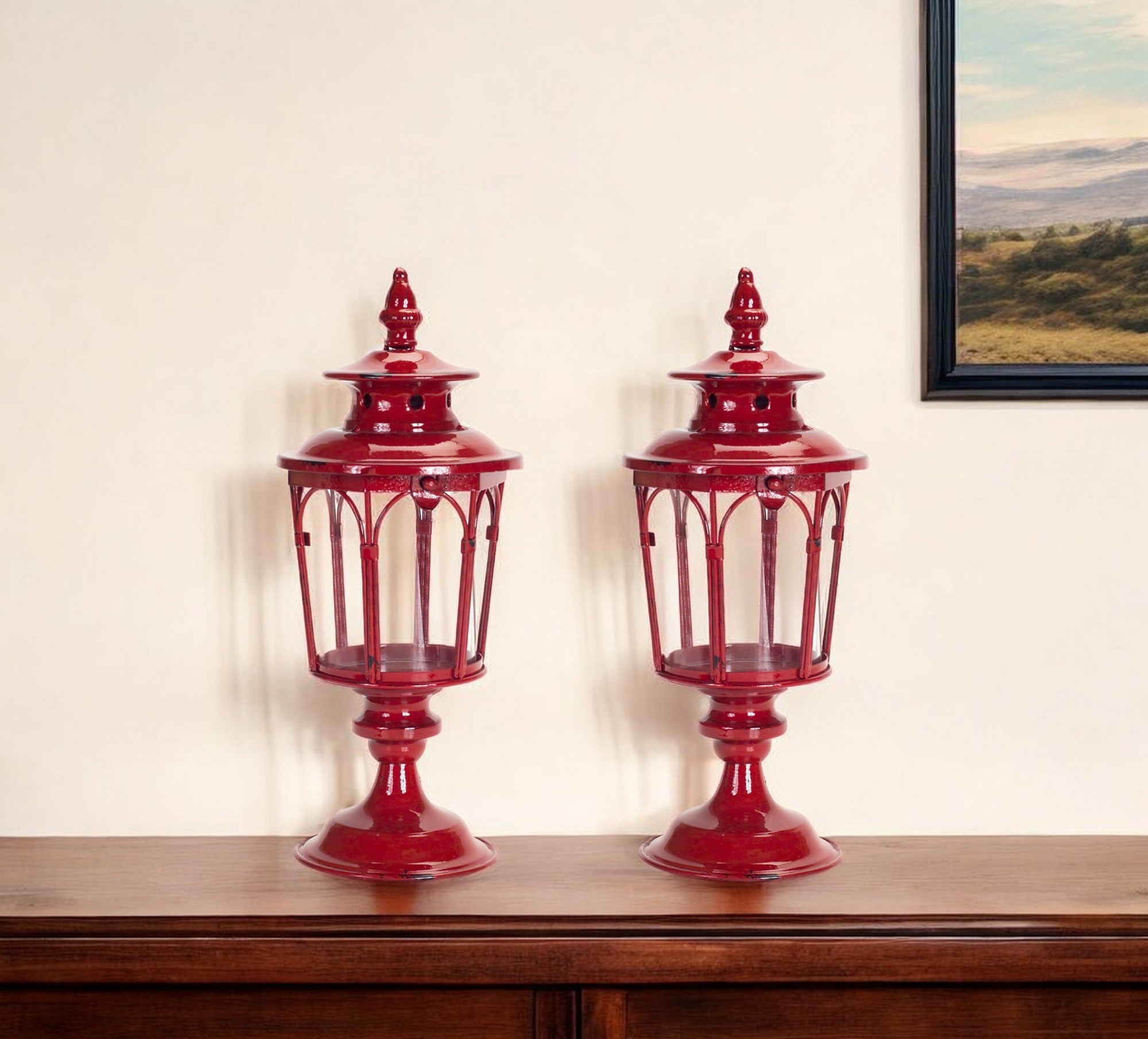Set of Two Red Distressed Ornate Glass And Metal Tabletop Lantern Candle Holders-Candle Holders-DECOROLALA