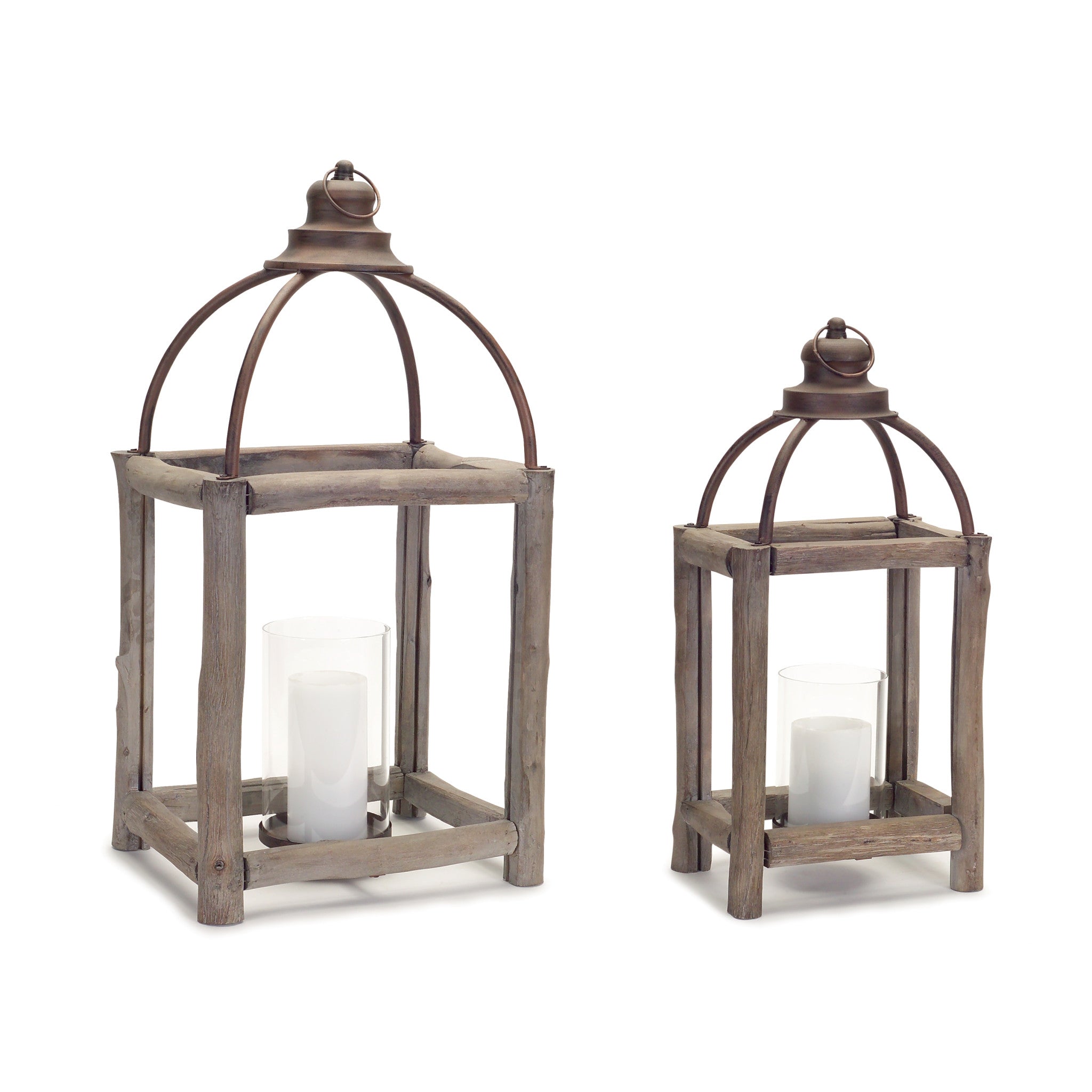 Set of Two Natural And Gray Geometric Glass Wood And Metal Floor Lantern Candle Holders-Candle Holders-DECOROLALA