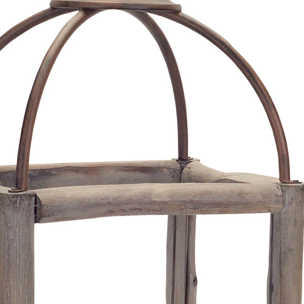 Set of Two Natural And Gray Geometric Glass Wood And Metal Floor Lantern Candle Holders-Candle Holders-DECOROLALA