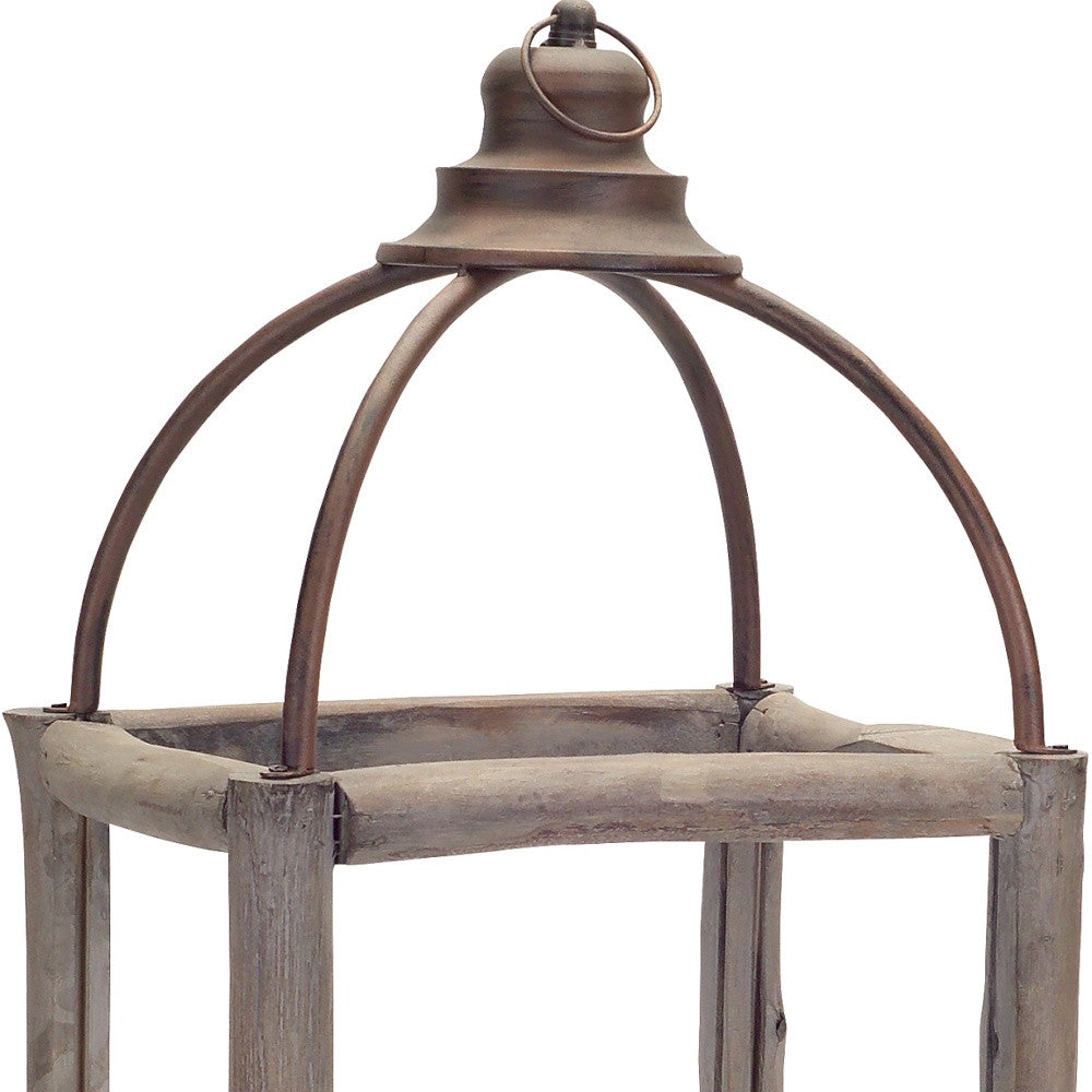 Set of Two Natural And Gray Geometric Glass Wood And Metal Floor Lantern Candle Holders-Candle Holders-DECOROLALA