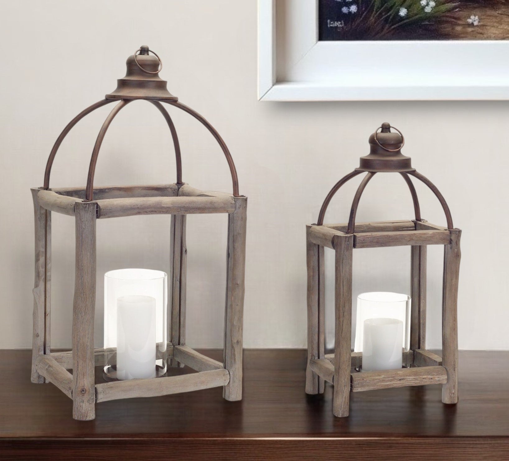 Set of Two Natural And Gray Geometric Glass Wood And Metal Floor Lantern Candle Holders-Candle Holders-DECOROLALA