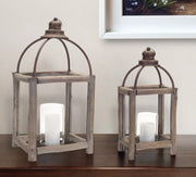 Set of Two Natural And Gray Geometric Glass Wood And Metal Floor Lantern Candle Holders-Candle Holders-DECOROLALA