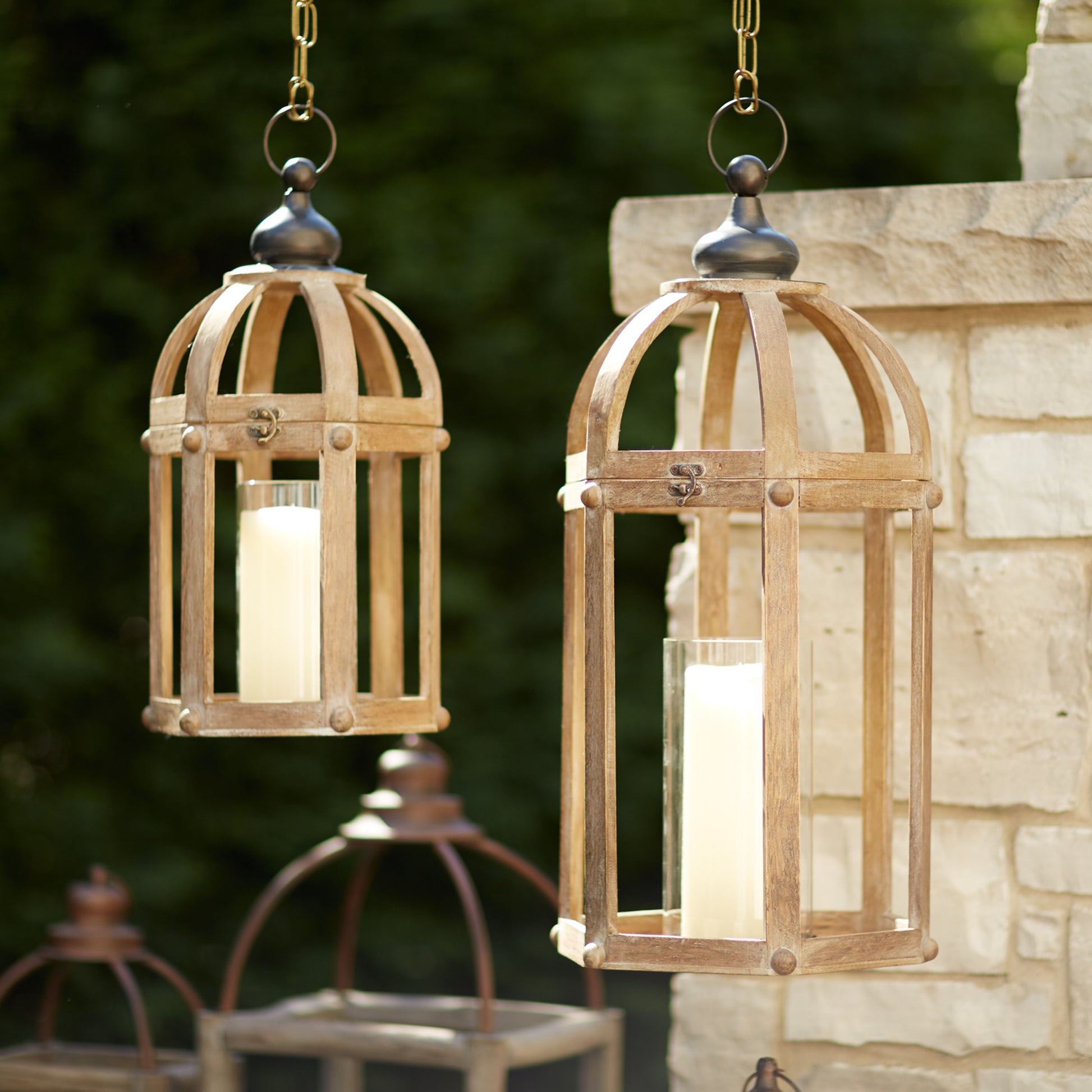Set of Two Brown Distressed Wood And Glass Floor Lantern Candle Holders-Candle Holders-DECOROLALA