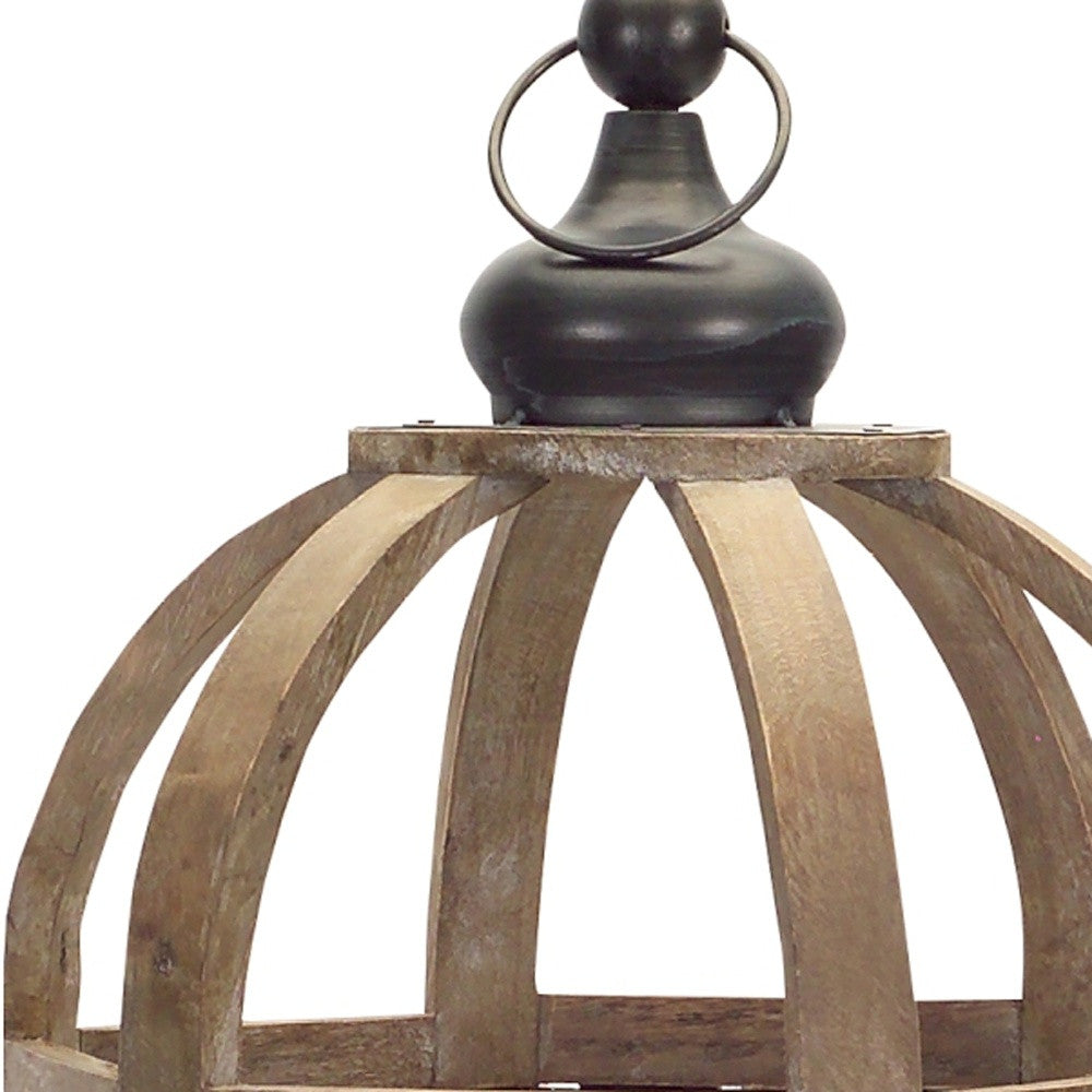 Set of Two Brown Distressed Wood And Glass Floor Lantern Candle Holders-Candle Holders-DECOROLALA