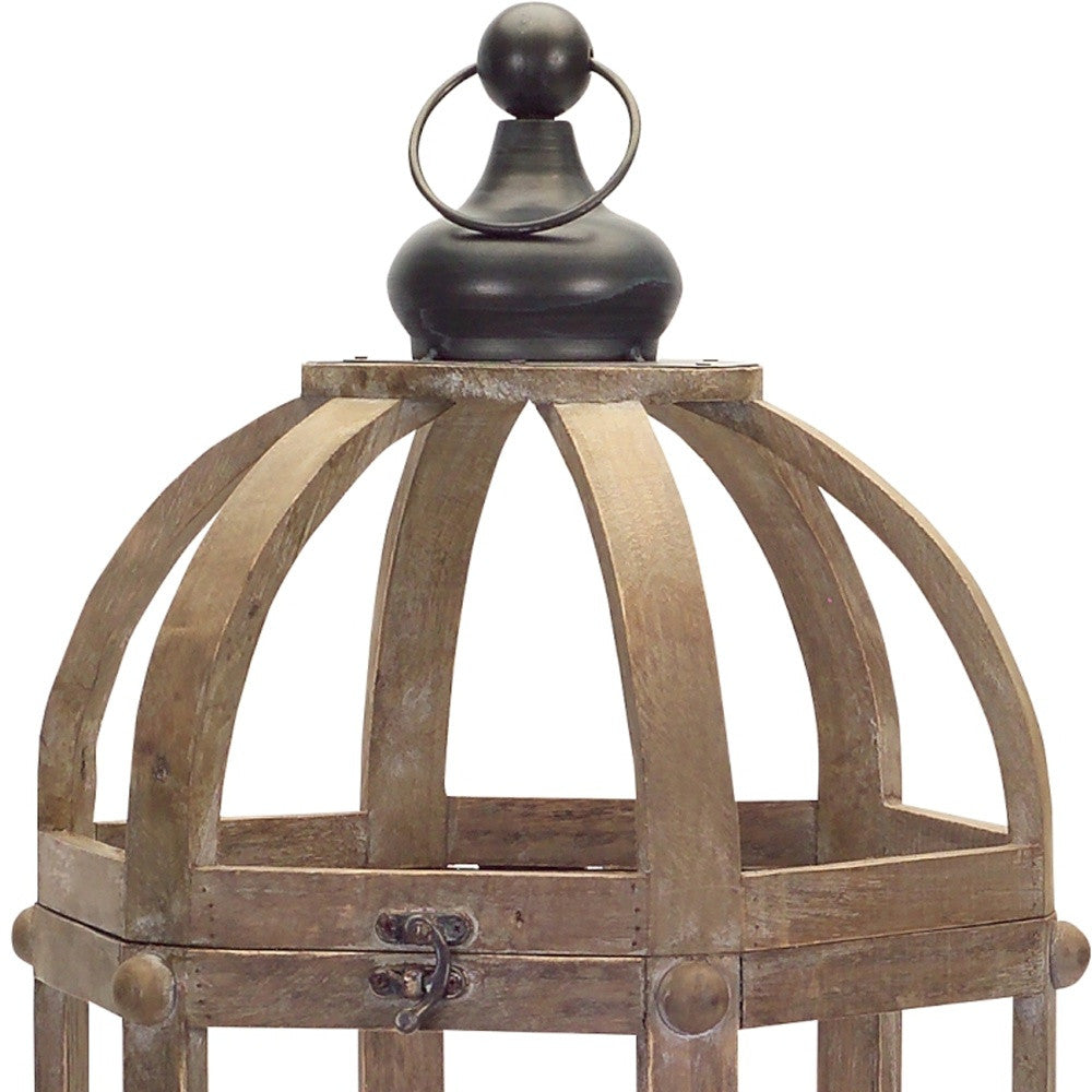 Set of Two Brown Distressed Wood And Glass Floor Lantern Candle Holders-Candle Holders-DECOROLALA