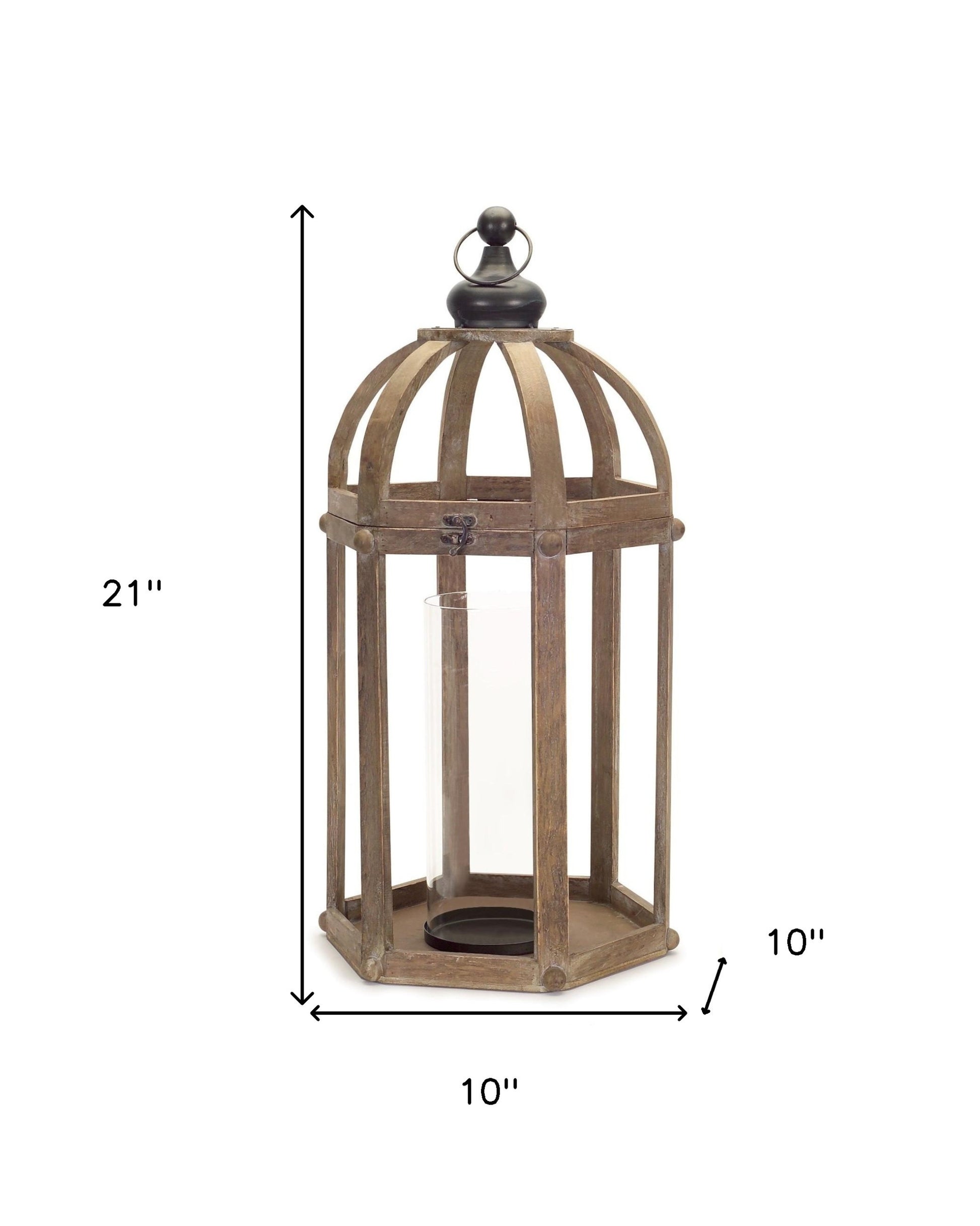 Set of Two Brown Distressed Wood And Glass Floor Lantern Candle Holders-Candle Holders-DECOROLALA
